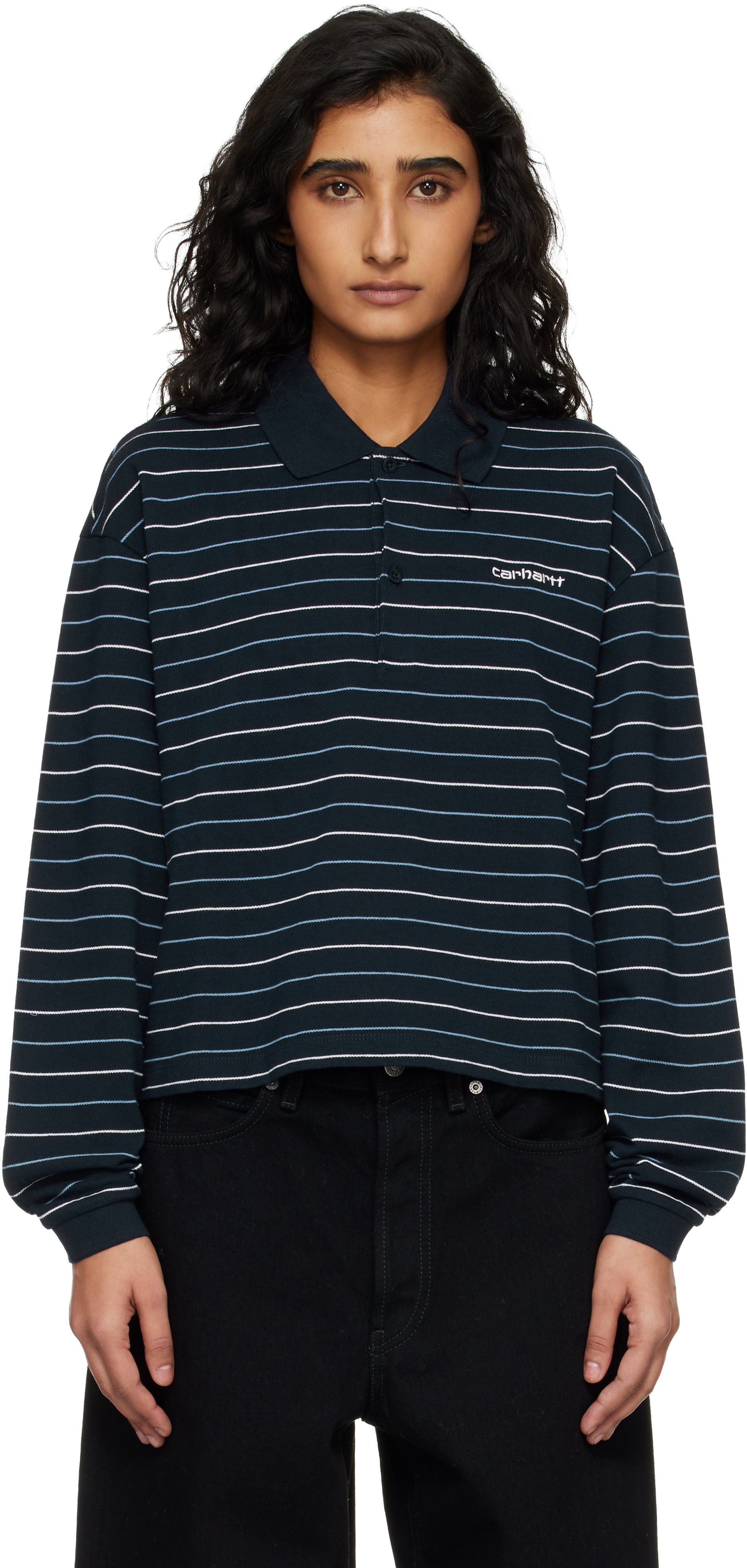 Carhartt Work In Progress: Navy Mabel Stripe Polo | SSENSE