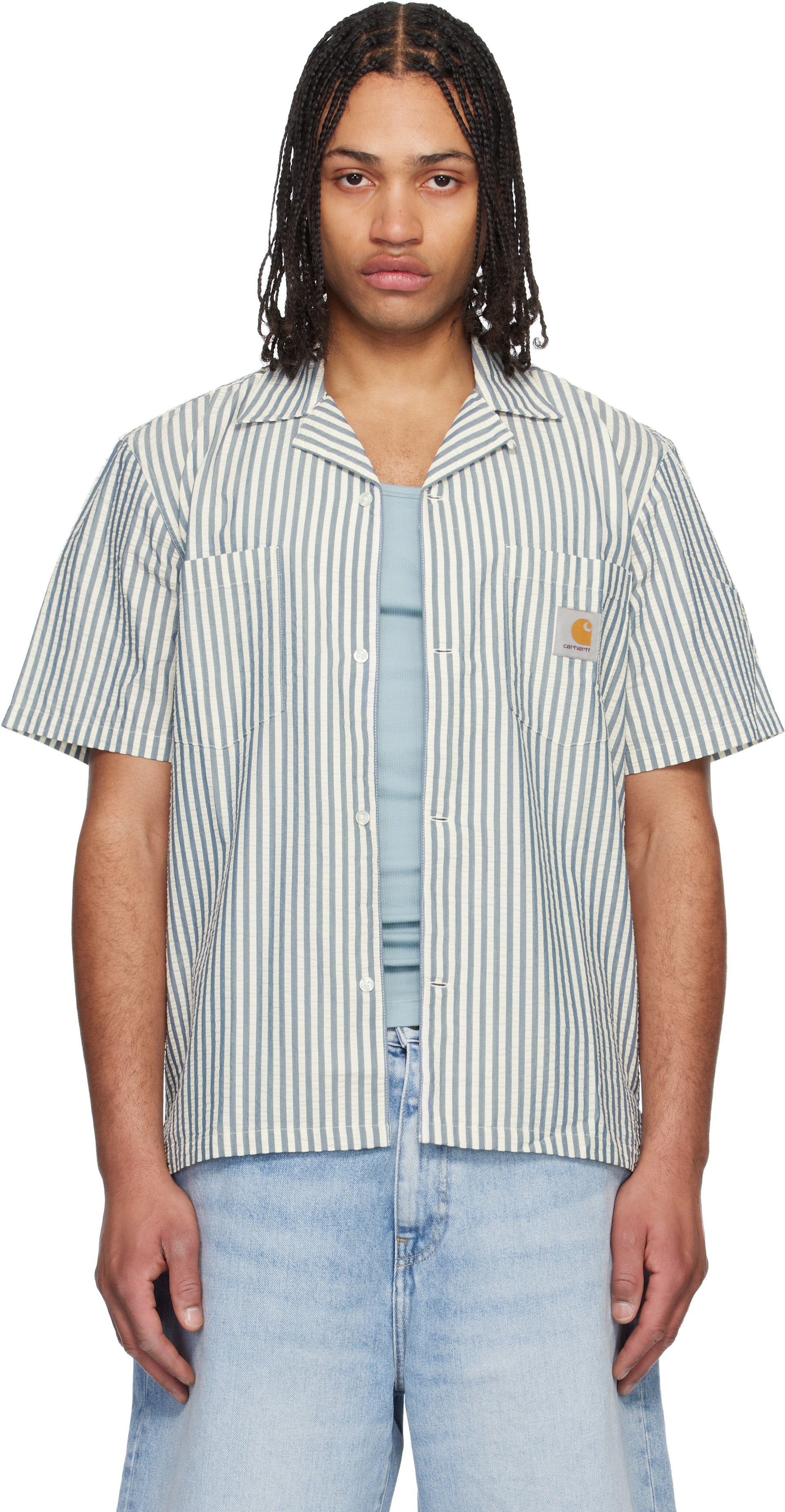 Carhartt Work In Progress: Blue & White Short Sleeve Leavel Stripe