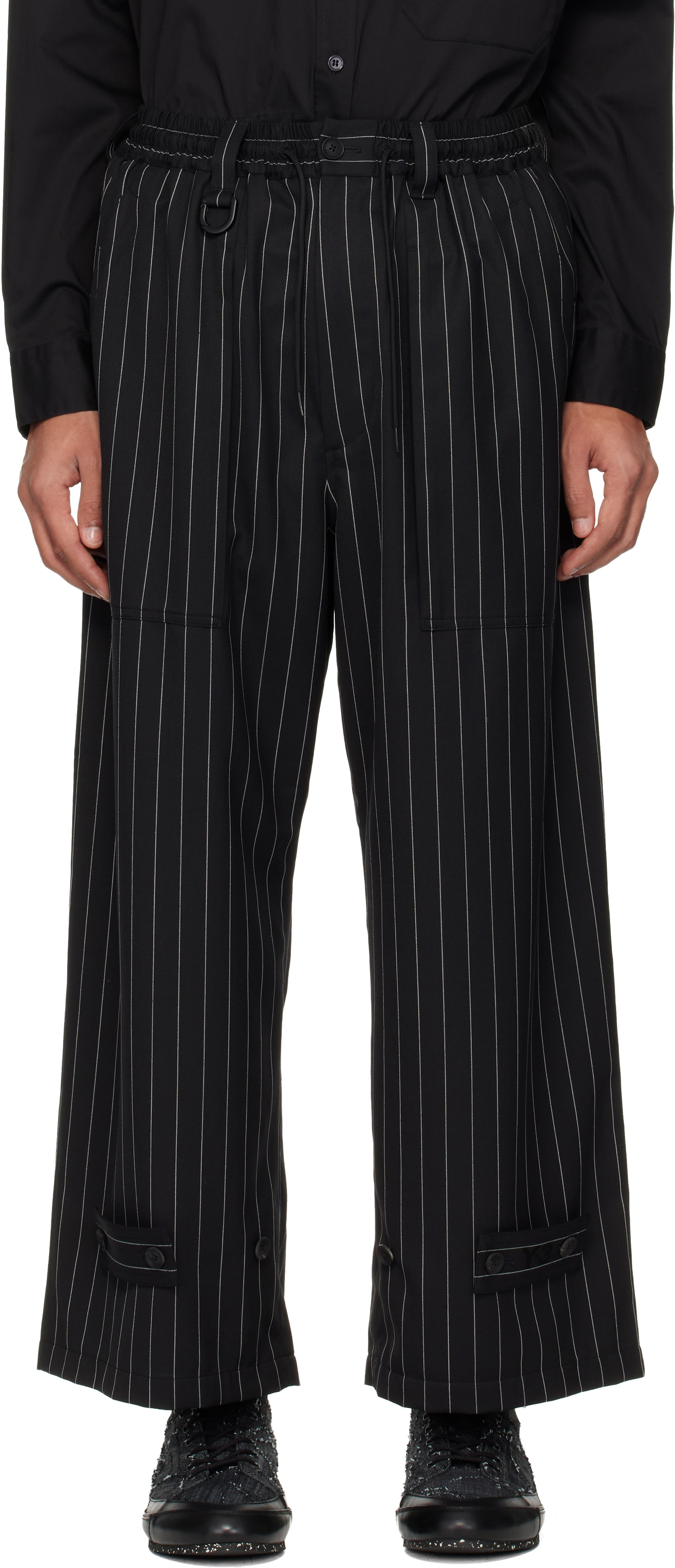 Y-3: ブラック Pinstripe Refined Wool ワイドパンツ | SSENSE 日本