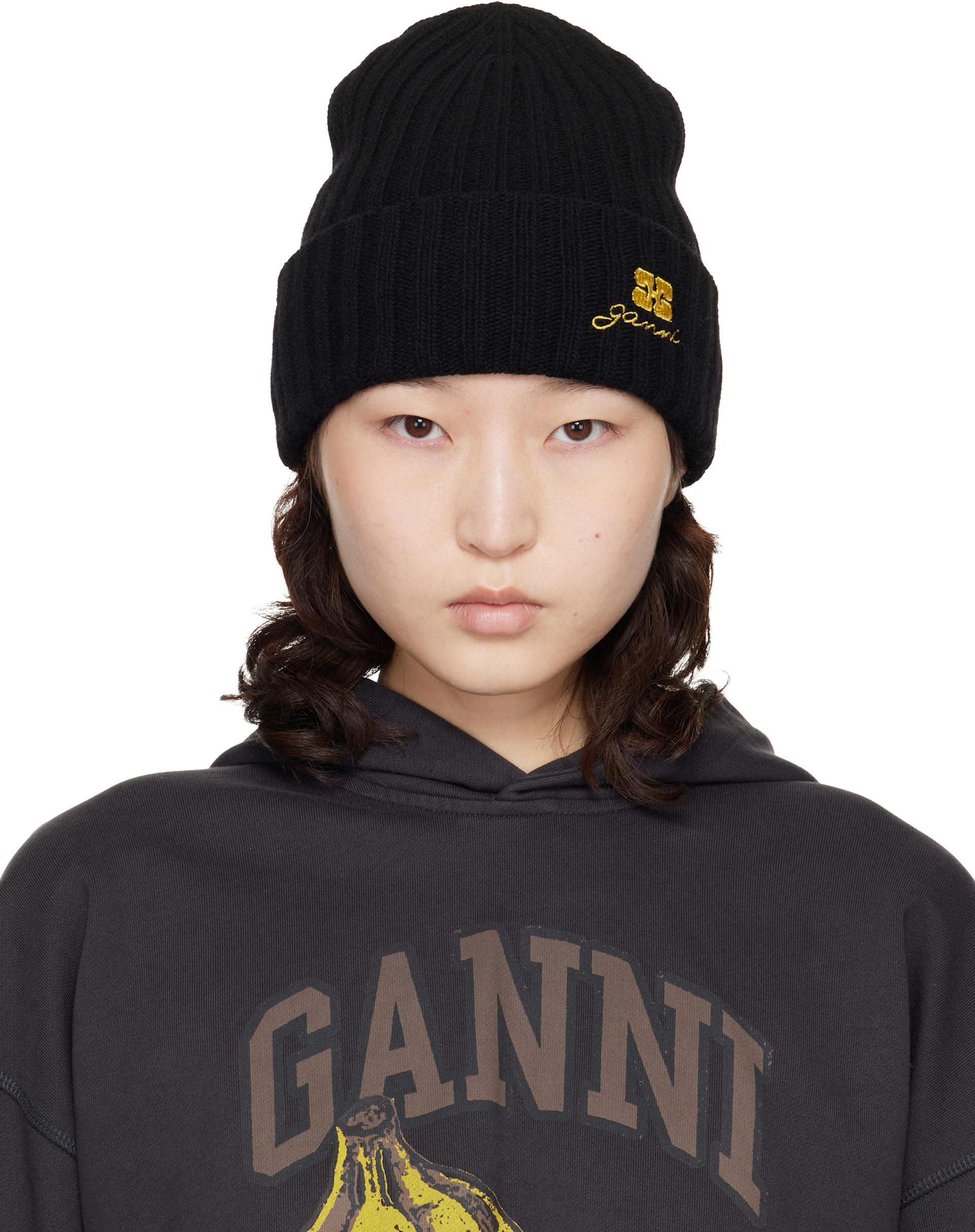 GANNI ブラック ニット帽 未使用タグ付き ユニセックス GANNI: Black Wool Knit Beanie | SSENSE