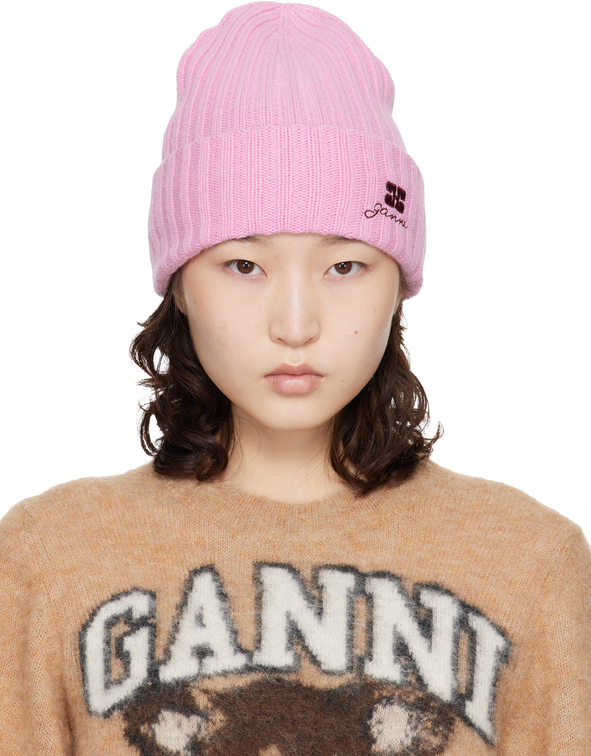 GANNI ピンク ニットビーニー GANNI: Pink Wool Knit Beanie | SSENSE