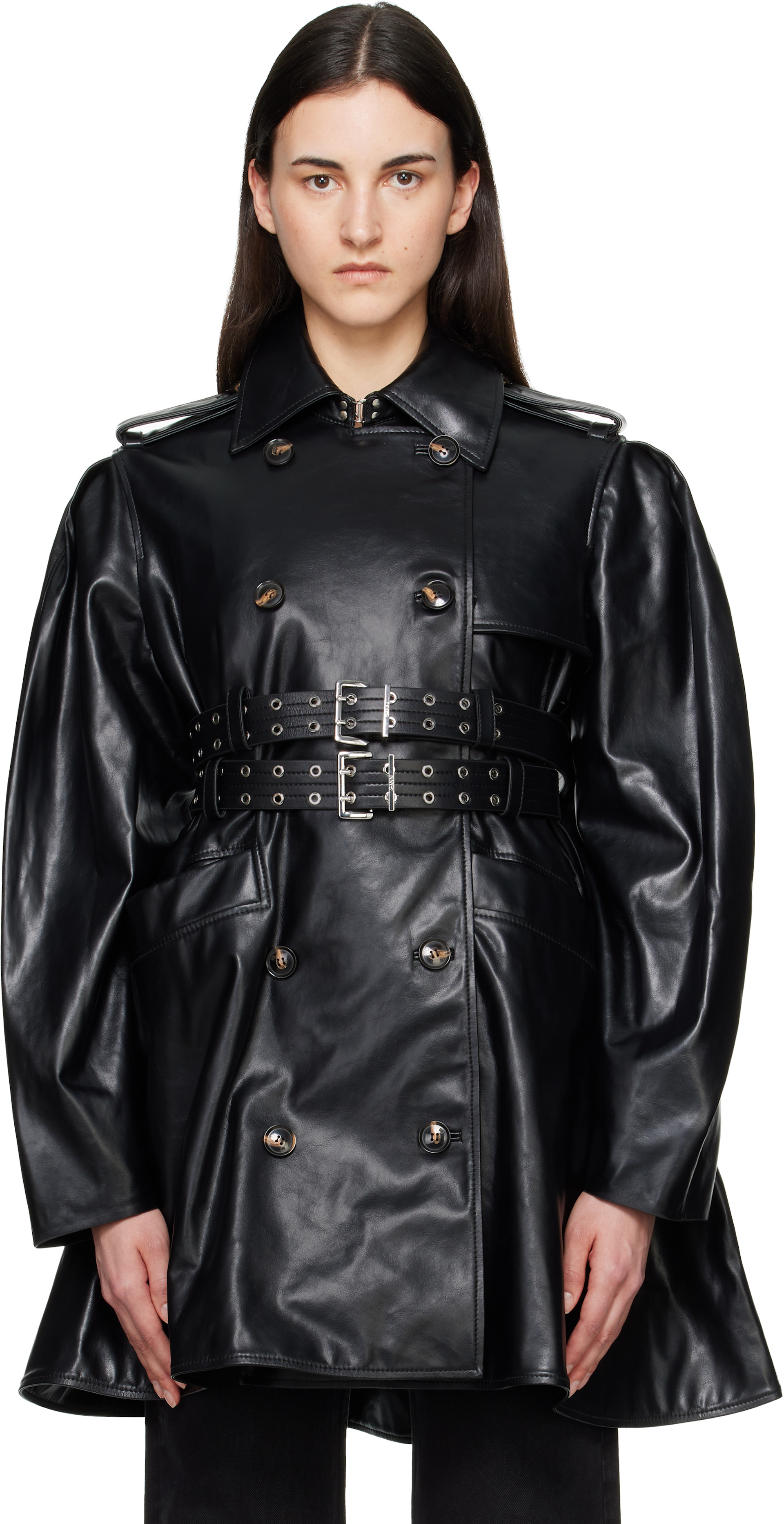 GANNI: Black Peplum Recycled Leather Trench Coat | SSENSE