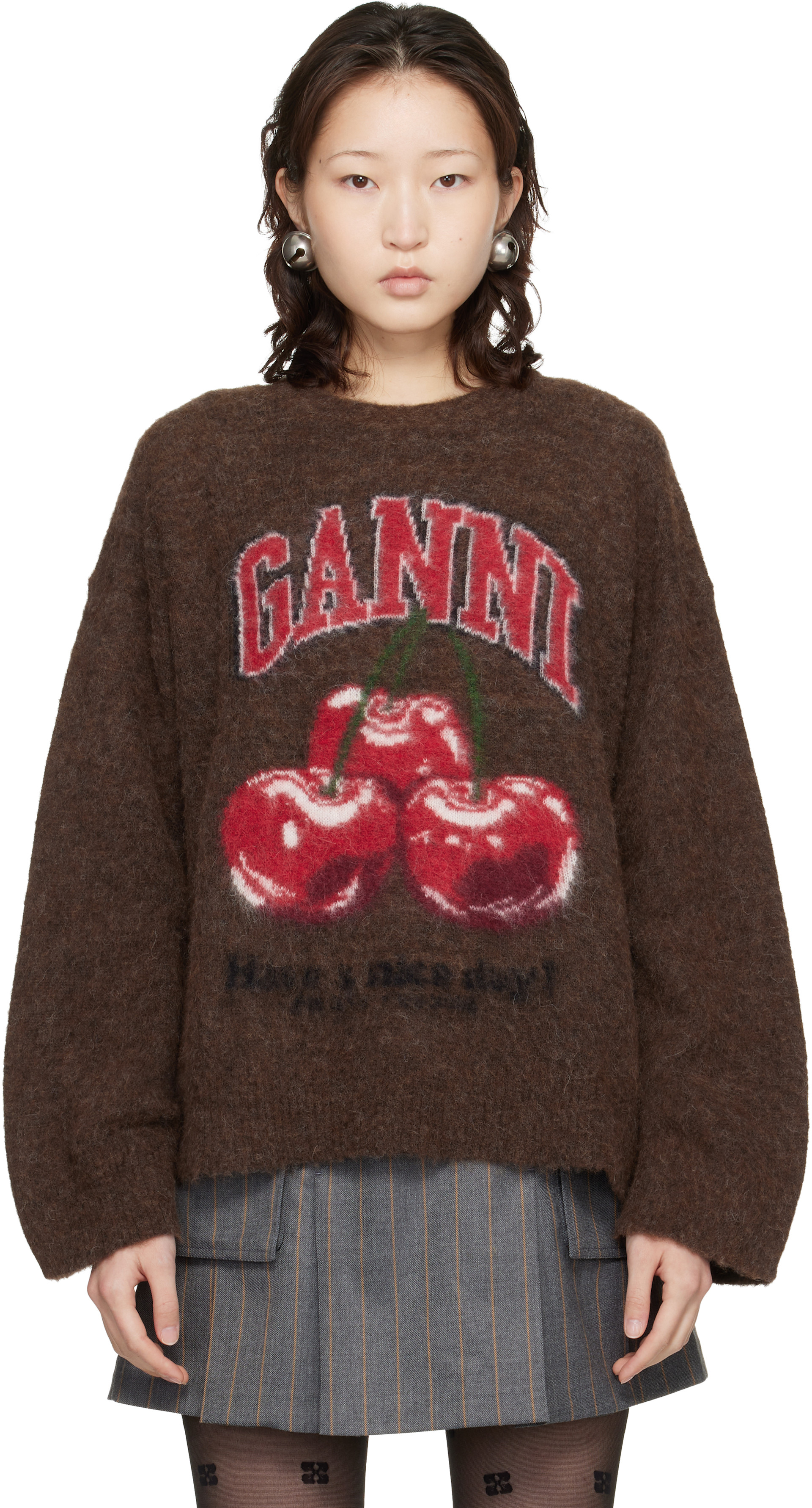 GANNI: Brown Brushed Alpaca Graphic Oversized Sweater | SSENSE