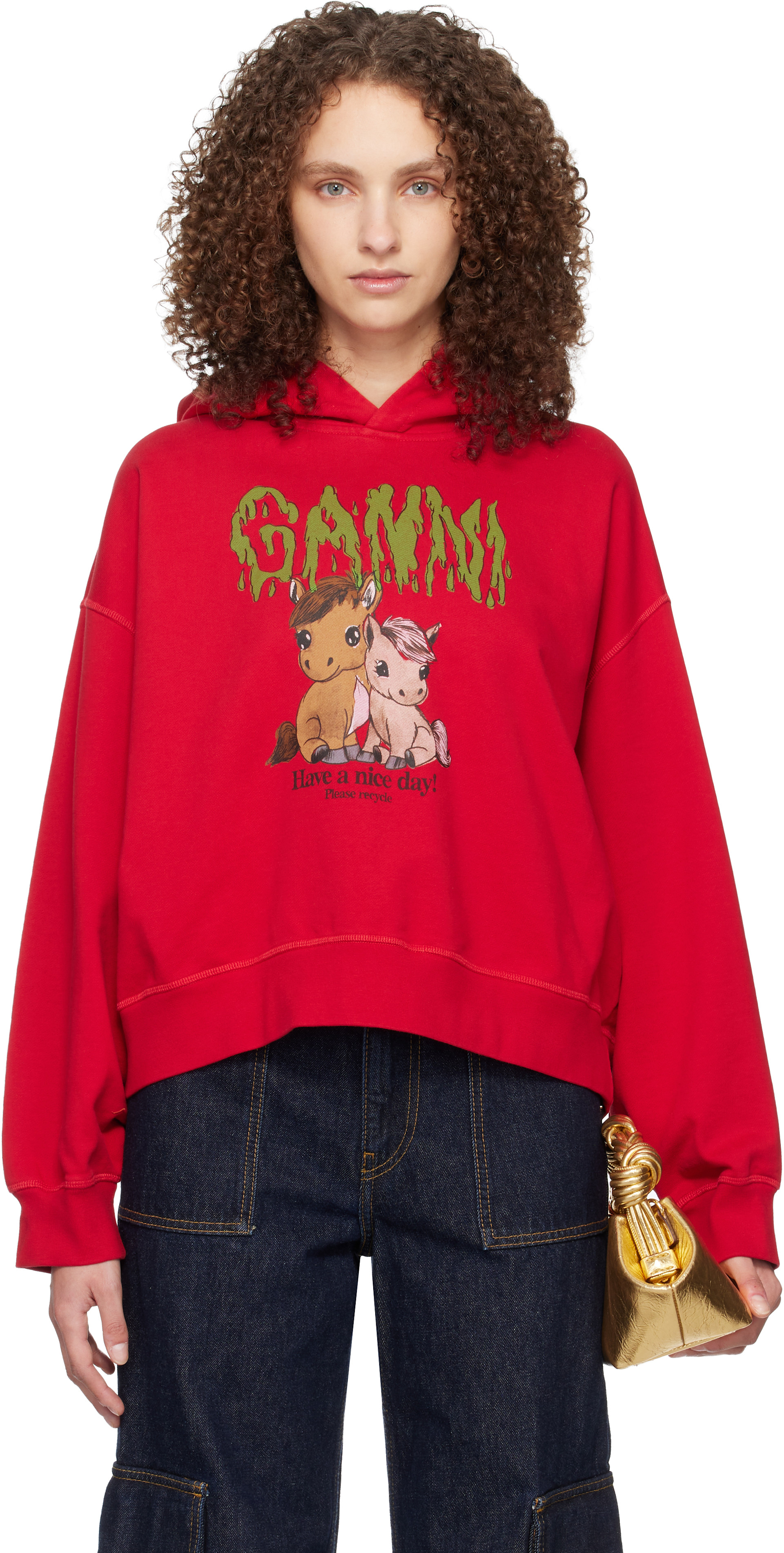 GANNI: Red Graphic Cropped Hoodie | SSENSE