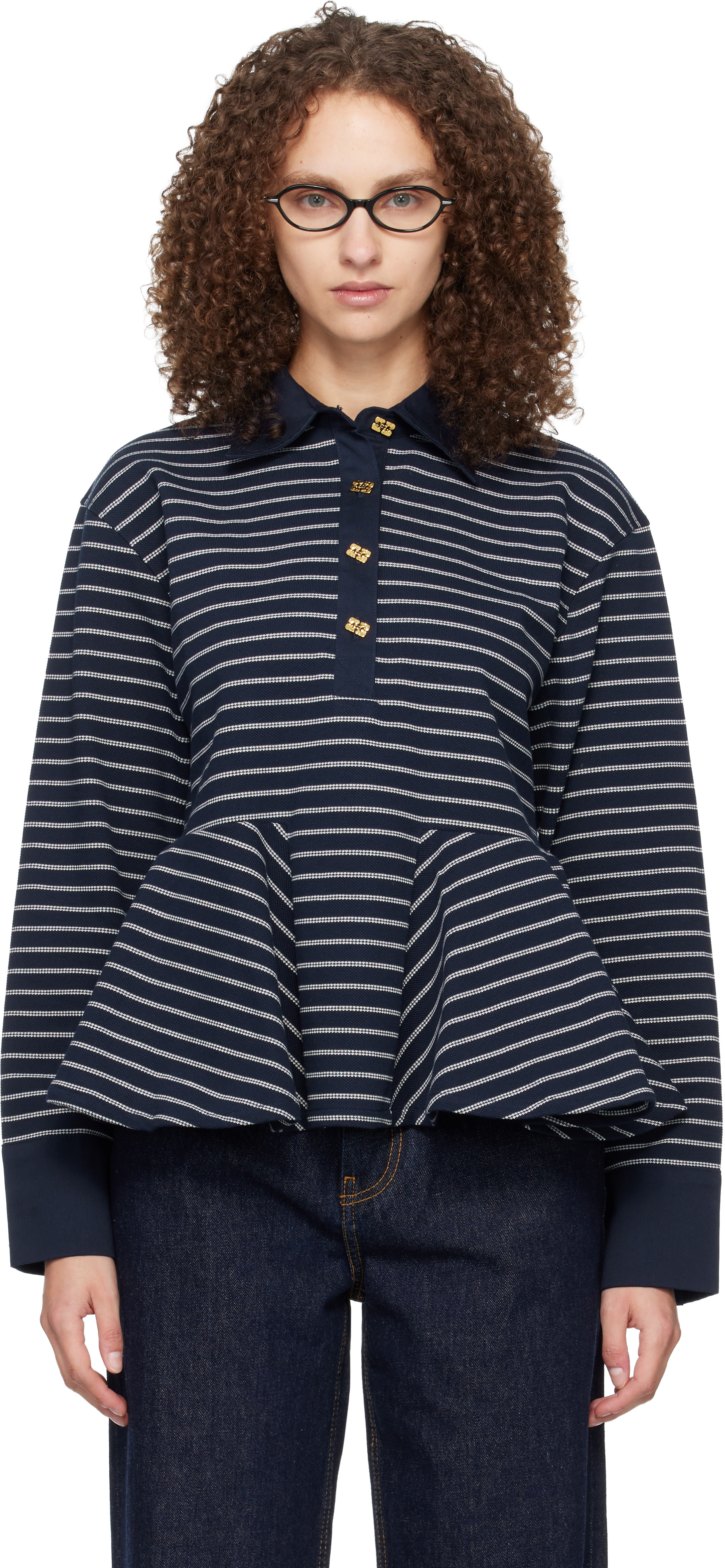 GANNI: Navy Single Piqué Peplum Polo | SSENSE