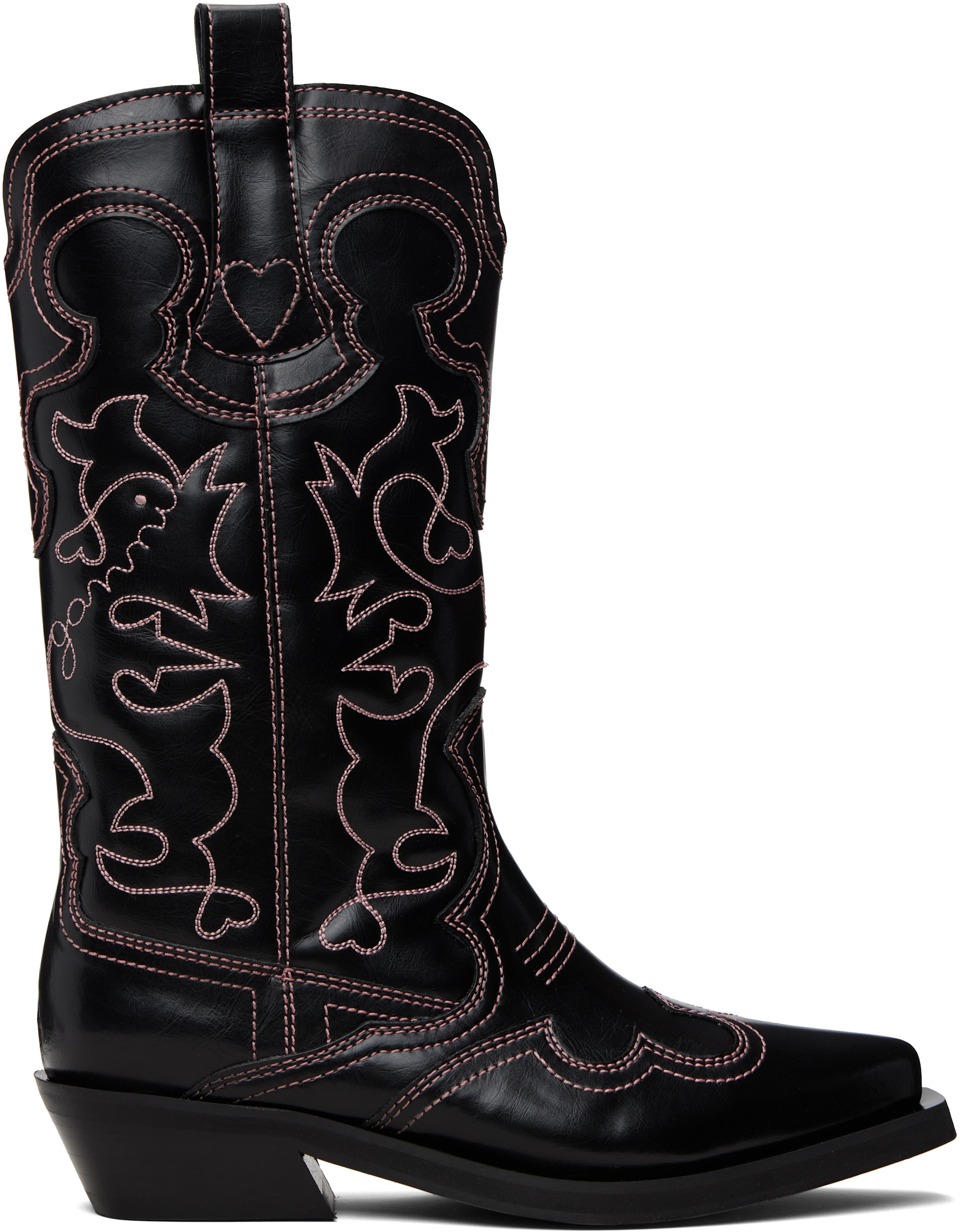 か*に様 GANNI刺繍ウエスタンブーツ GANNI: Black Mid Shaft Embroidered Western Boots | SSENSE