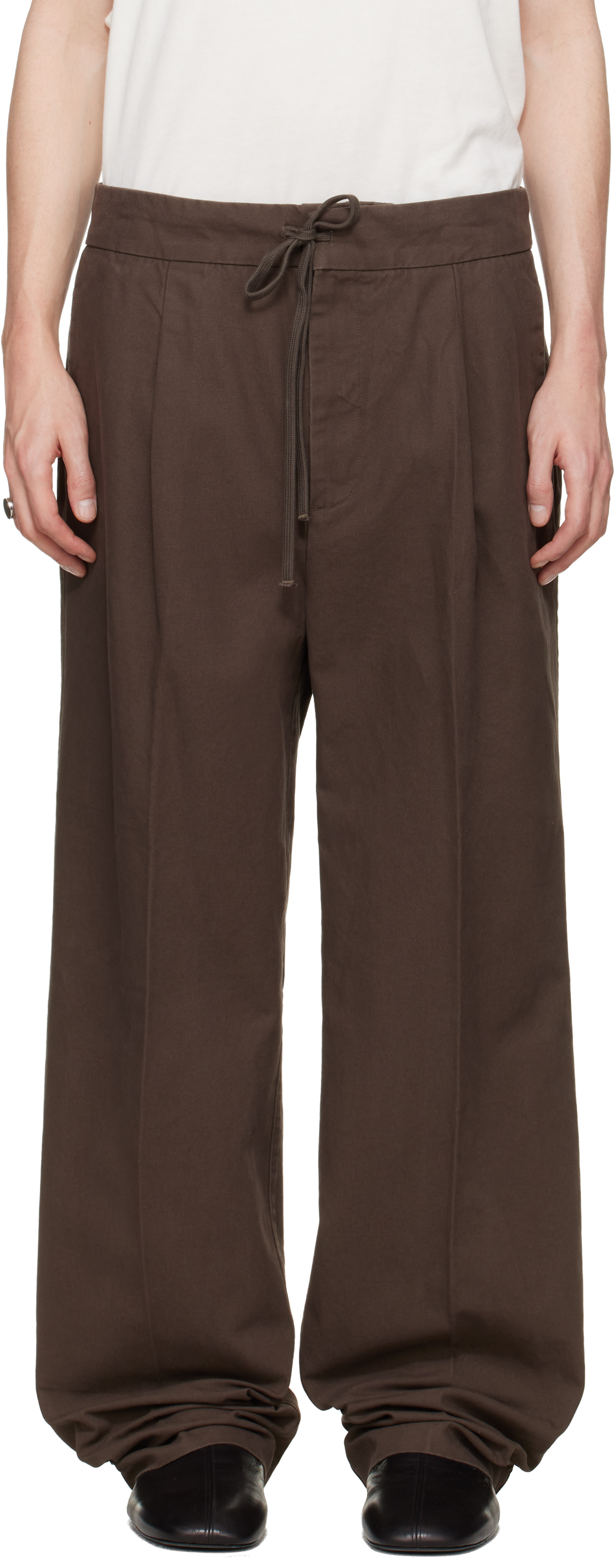 Fear of God ESSENTIALS: Brown Pleat Front Trousers | SSENSE