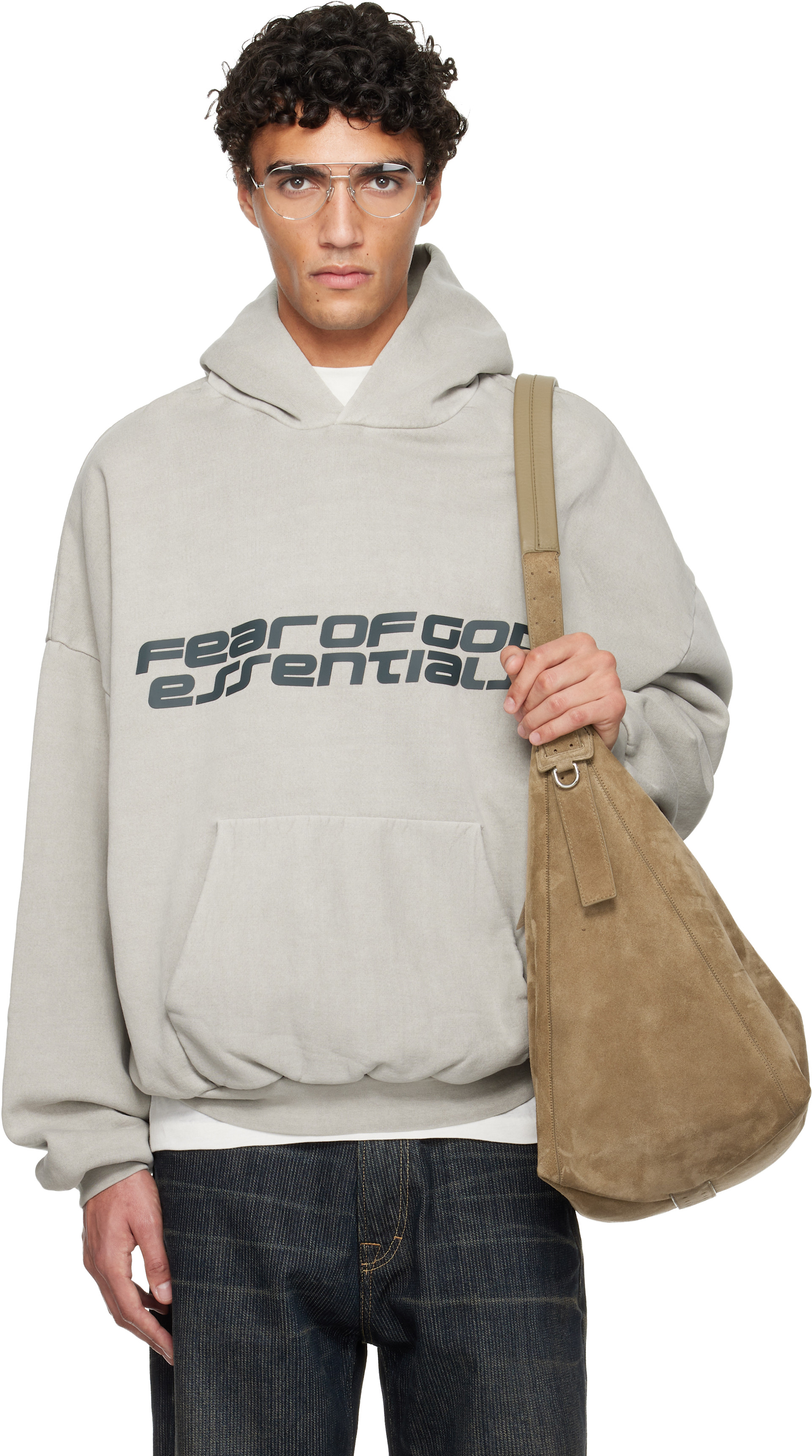 ESSENTIALS FEAR OF GOD フーディ グレー Fear of God ESSENTIALS: Gray Holiday Heavy Fleece 90s Hoodie | SSENSE