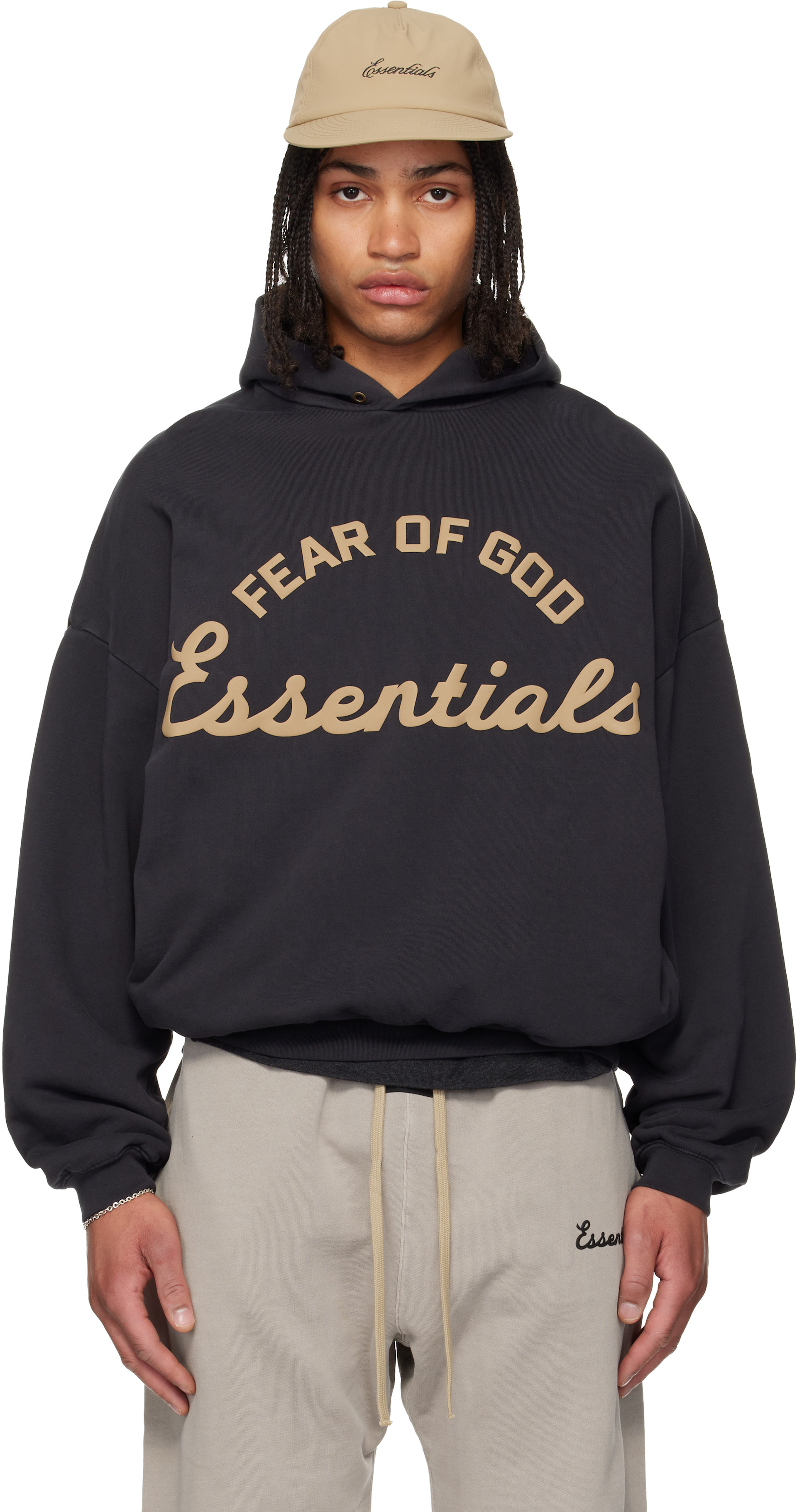 Fear of God ESSENTIALS: Black Training 90s Hoodie | SSENSE