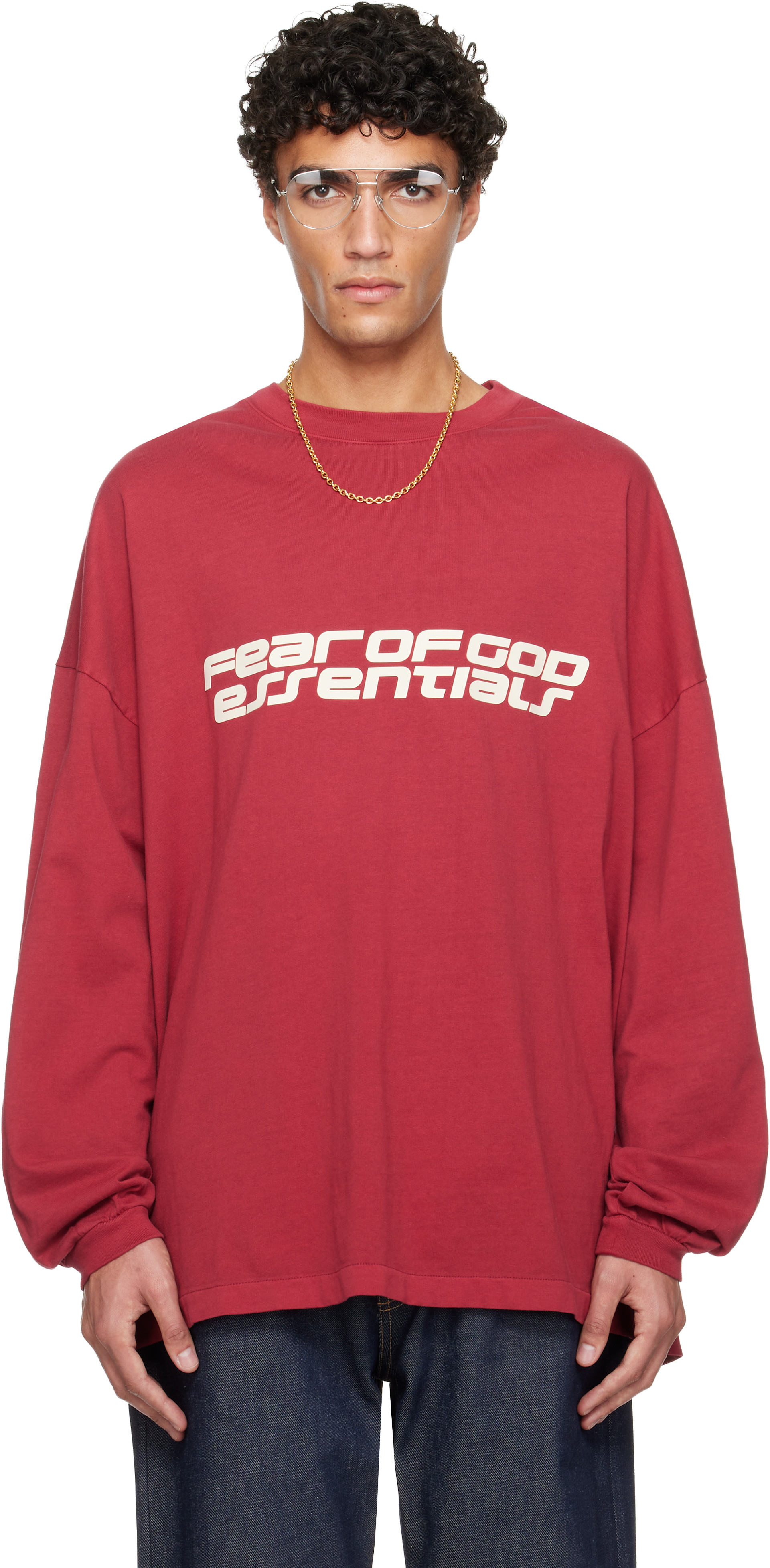 fear of god  essentials  プルオーバー XL RED Fear of God ESSENTIALS: Red Holiday 90s Long Sleeve T-shirt | SSENSE