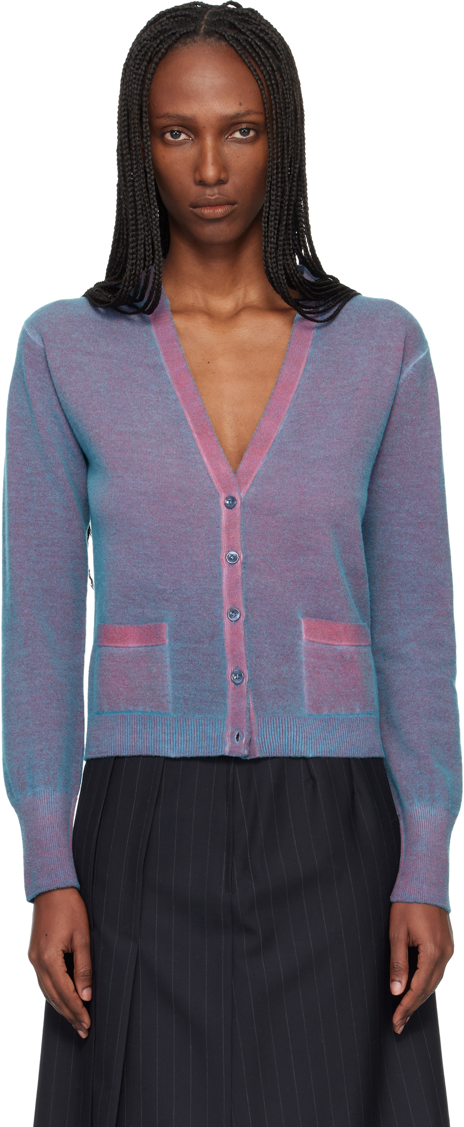 Maison Margiela: Blue & Red Virgin Wool V Neck Cardigan | SSENSE
