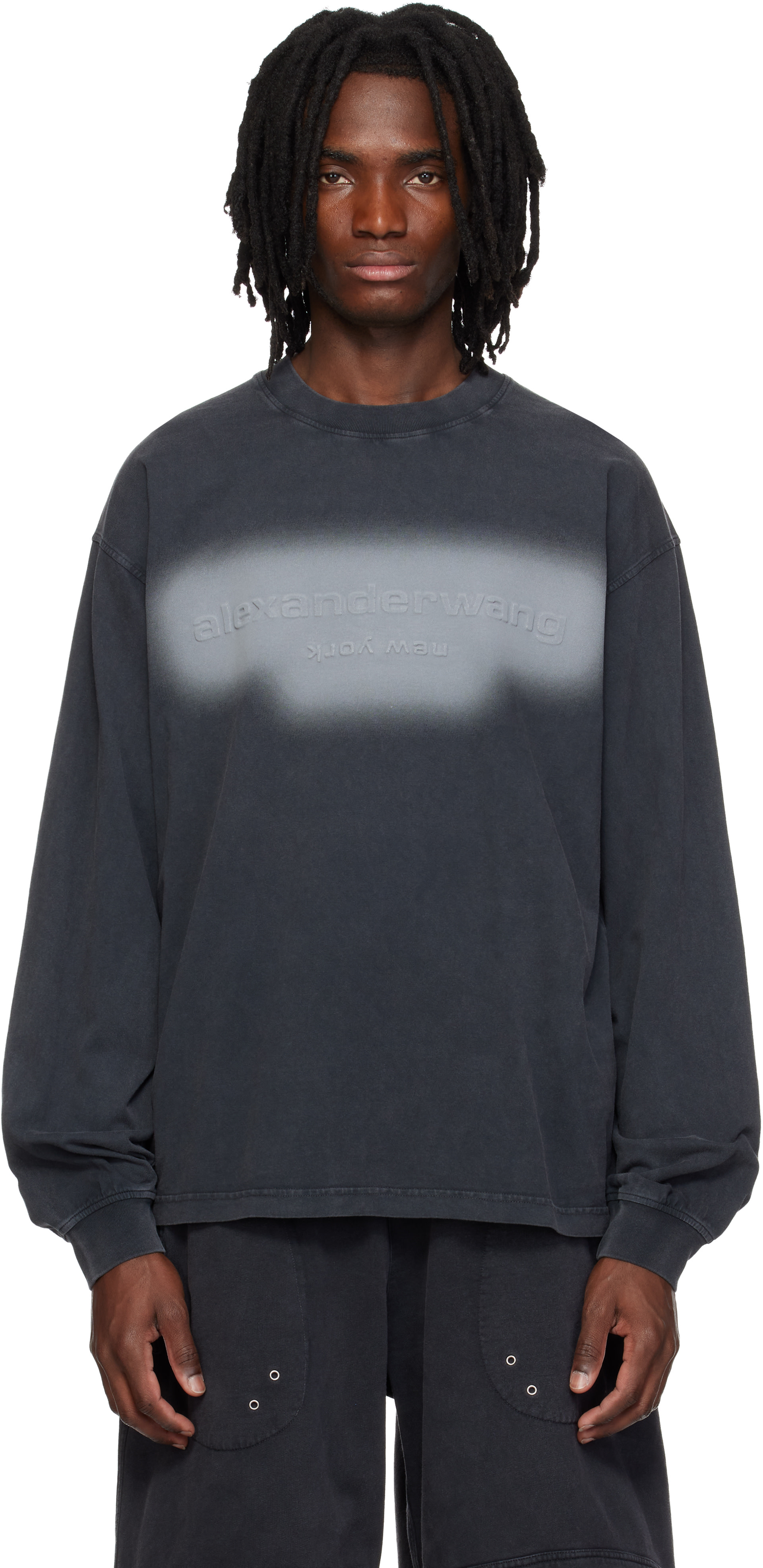 【再値下げ】Alexander Wangブラックパフロゴオーバーサイズポロシャツ Alexander Wang: Black Long Sleeve Embossed Halo T-shirt | SSENSE