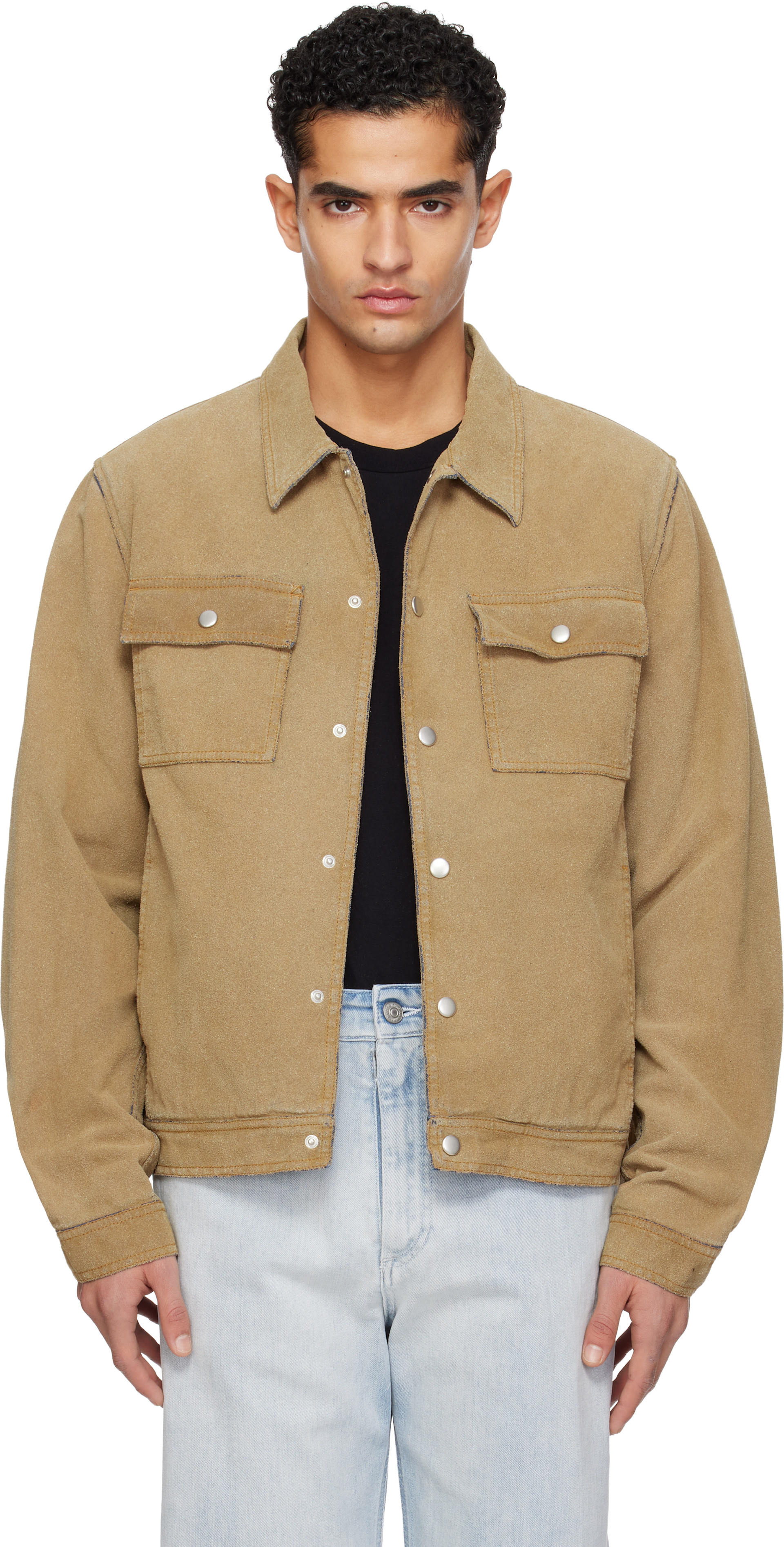MM6 Maison Margiela: Beige Trucker Faux-Suede Jacket | SSENSE