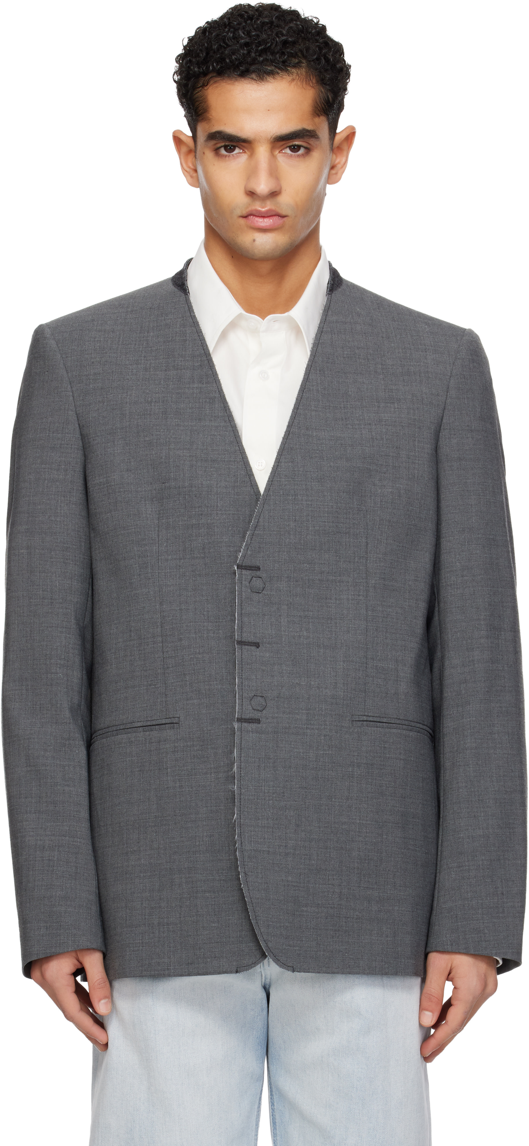 MM6 Maison Margiela: Gray Collarless Blazer | SSENSE