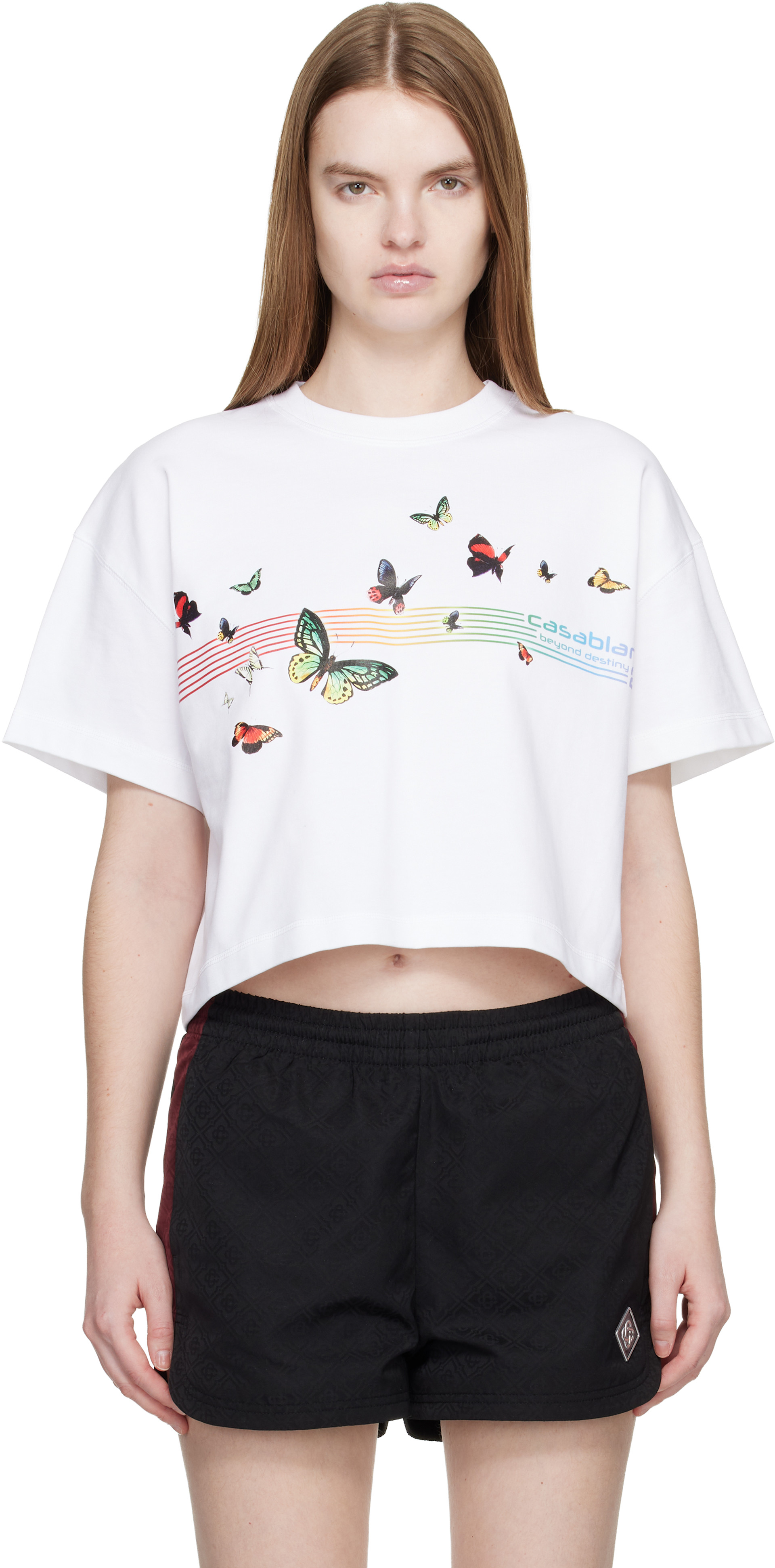 Casablanca: White Butterfly Boxy Cropped T-shirt | SSENSE