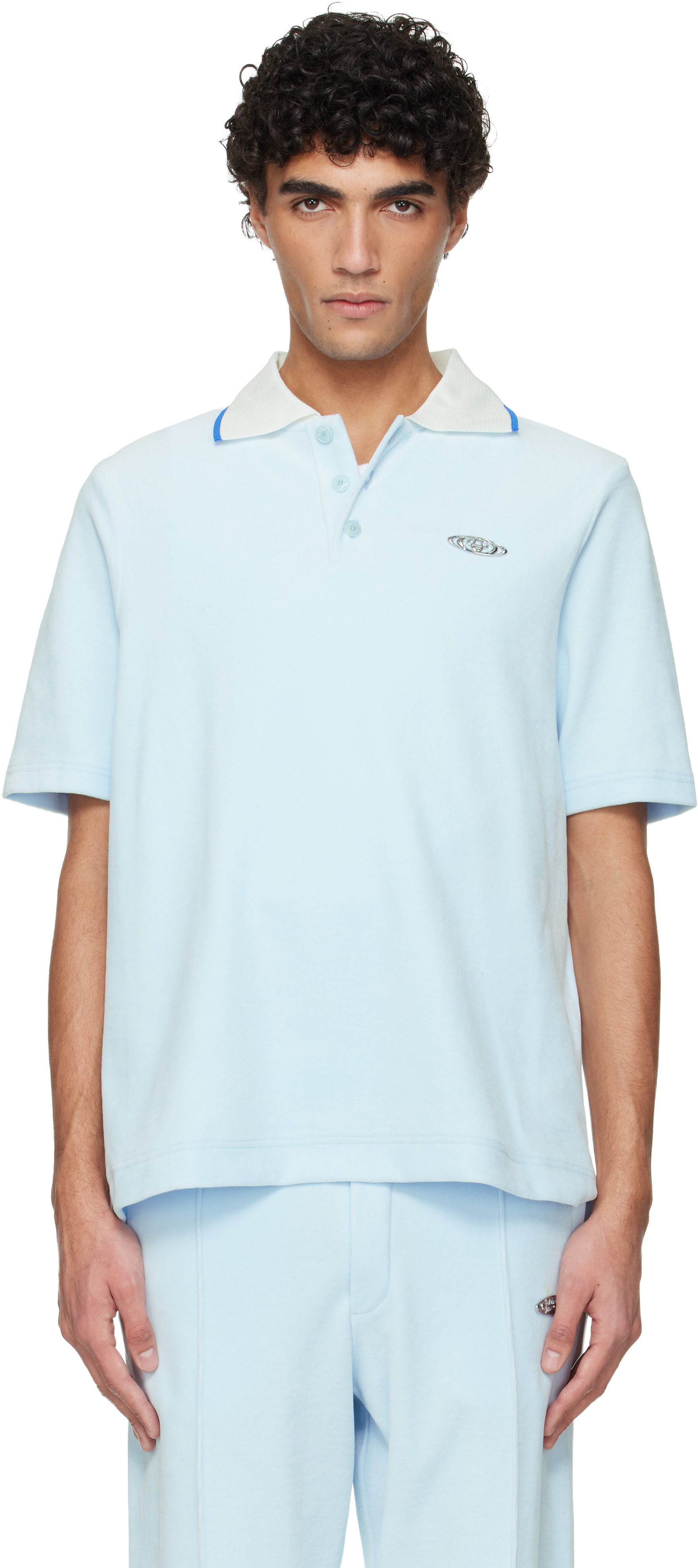 Casablanca: Blue Velour Short Sleeve Polo | SSENSE