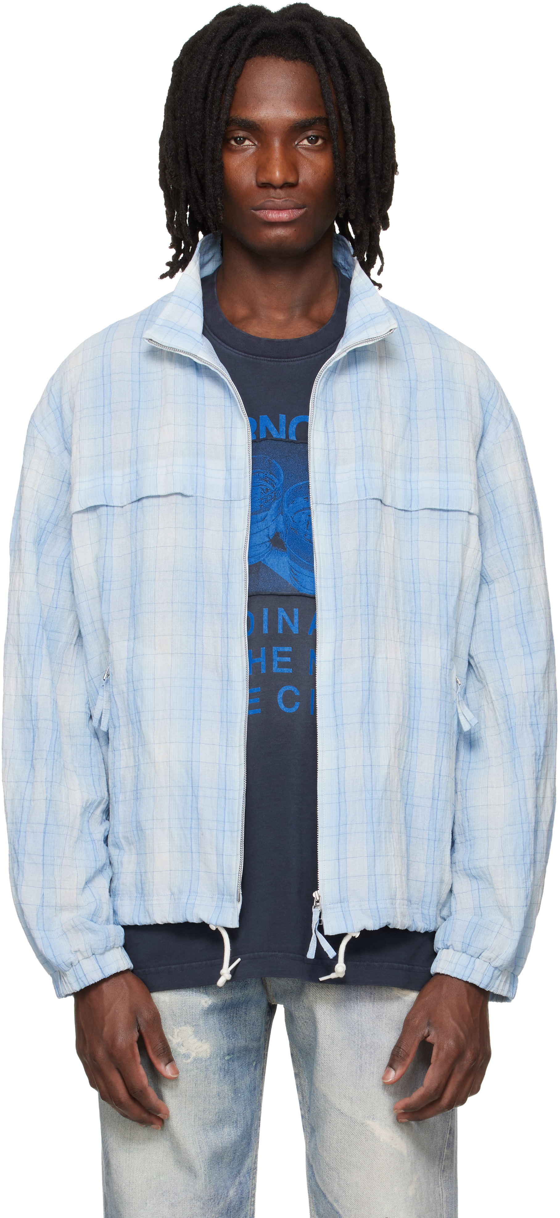 Blue High Neck Check Blouson Jacket by Solid Homme on Sale