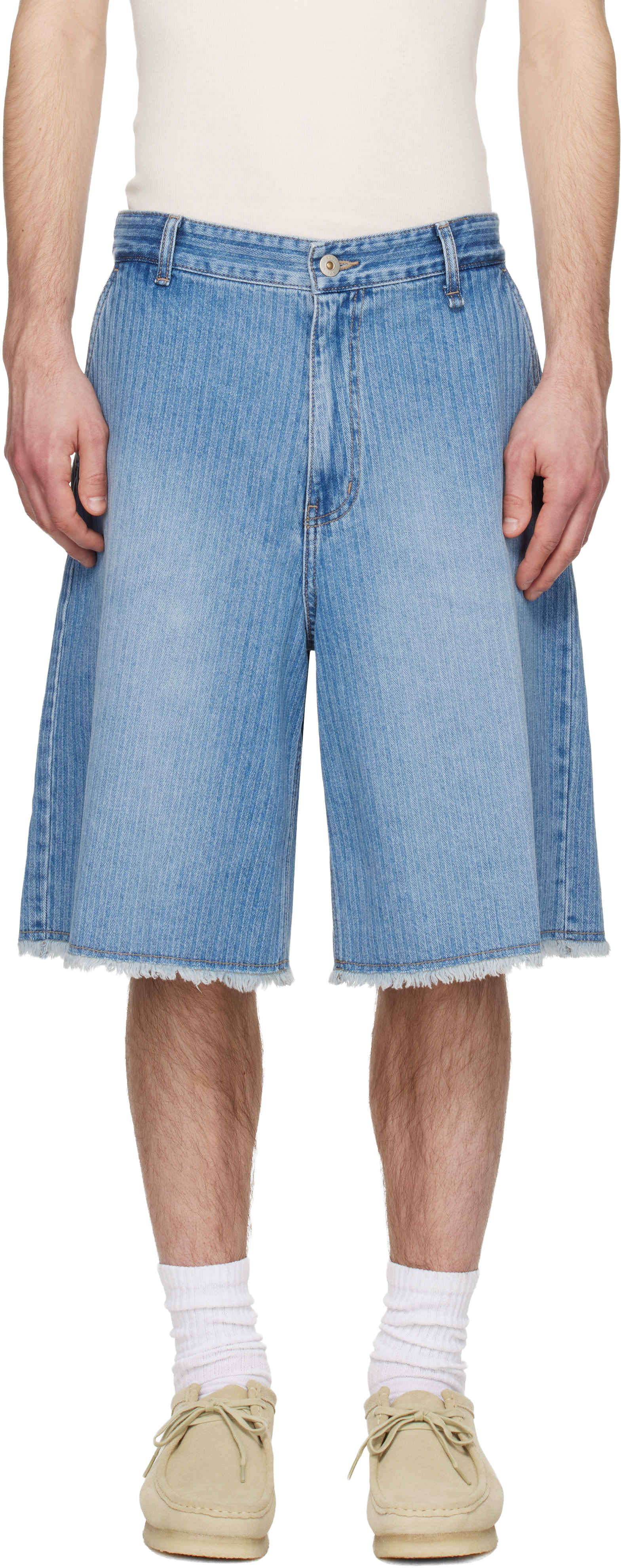 Solid Homme: Blue Stripe Denim Bermuda Shorts | SSENSE