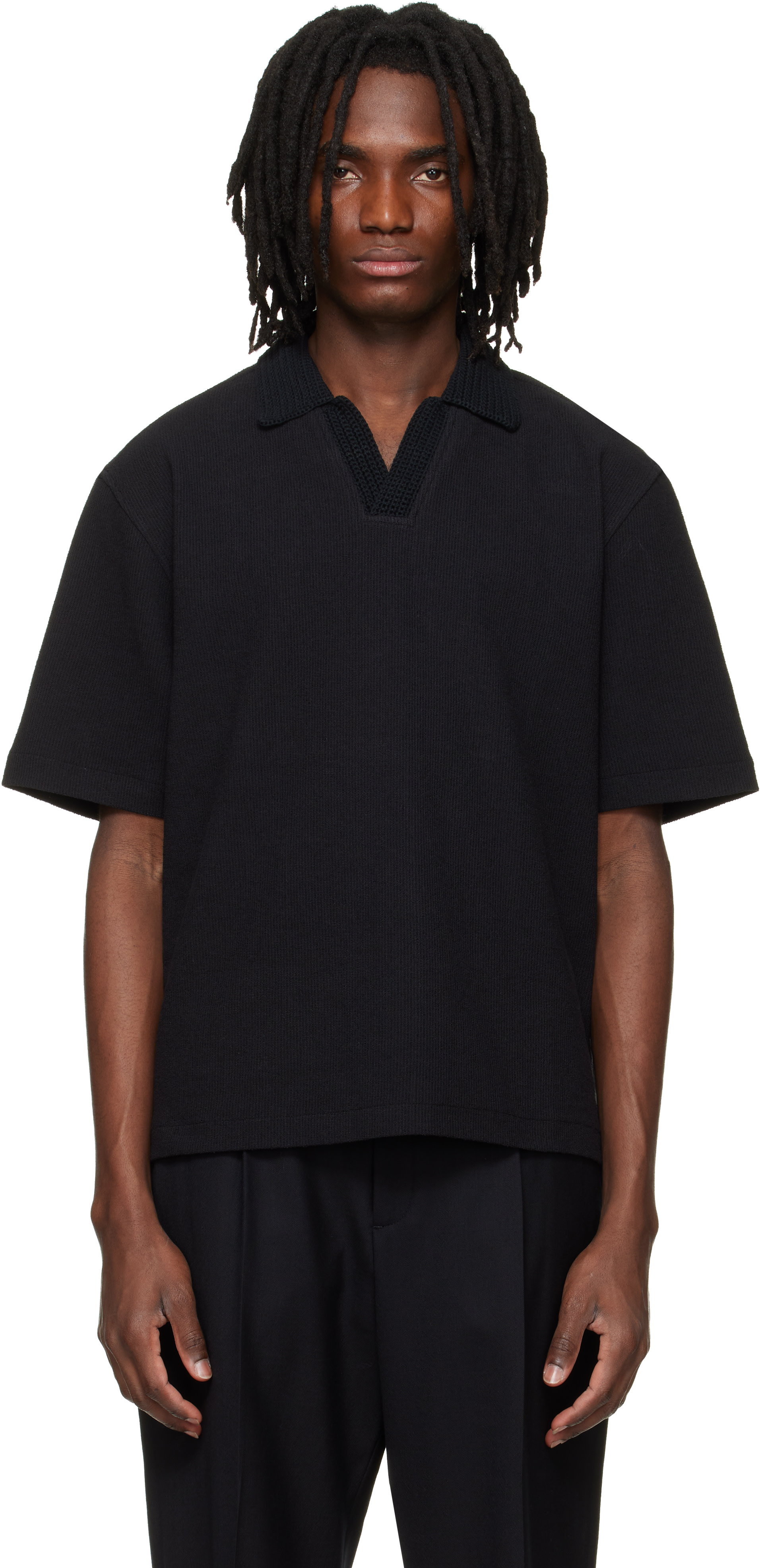 Solid Homme: ブラック Knit Collared 半袖 ポロシャツ | SSENSE 日本