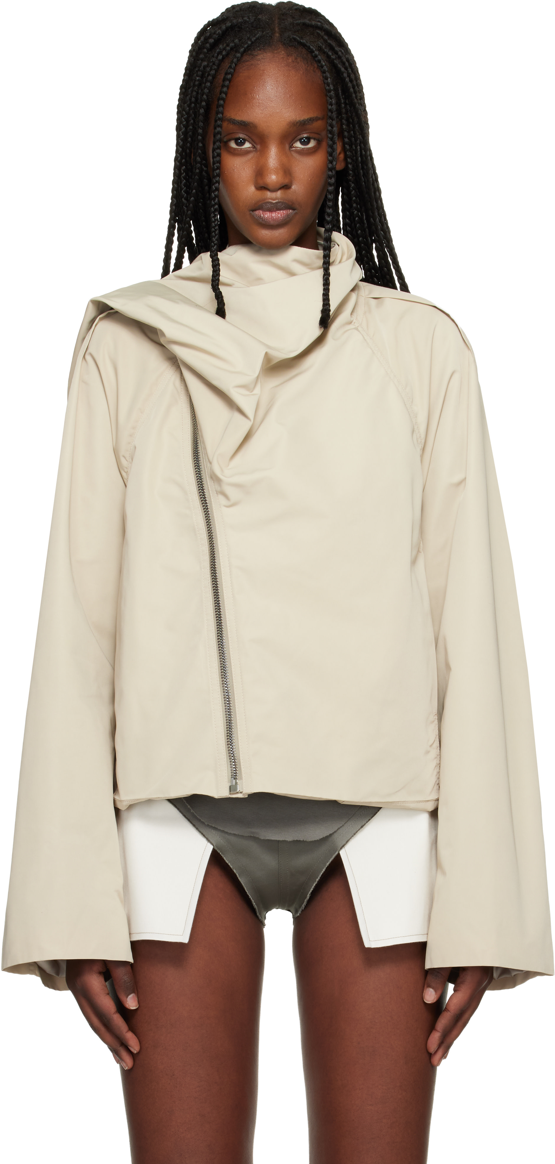 Rick Owens: Beige Temple Cropped Scarf Flight Jacket | SSENSE