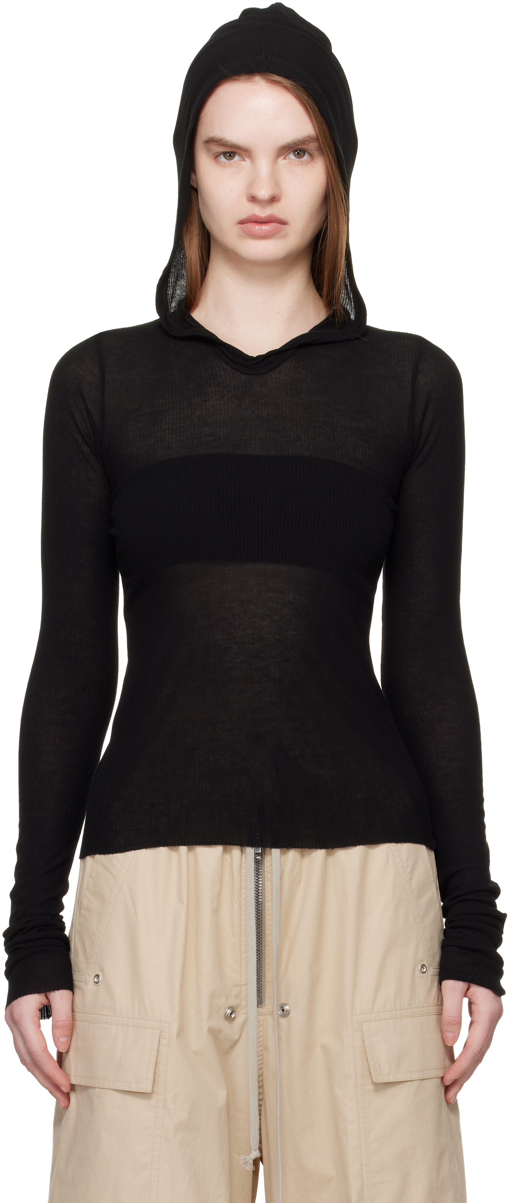 lucy品☆RICK OWENS　LONG SLEEVES HOODIE Rick Owens: Black Temple Cropped Rib LS Hoodie | SSENSE