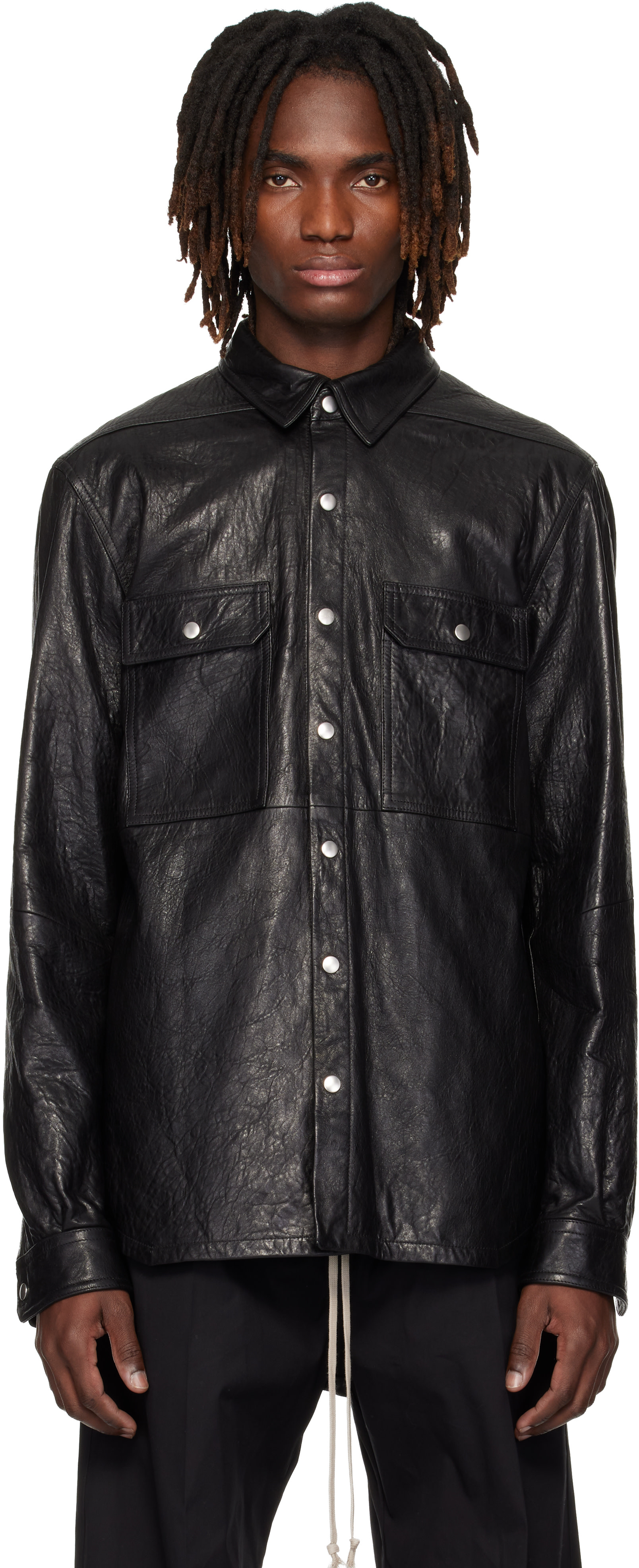 Rick Owens レザーシャツ Rick Owens: Black Temple Lambskin Outershirt | SSENSE