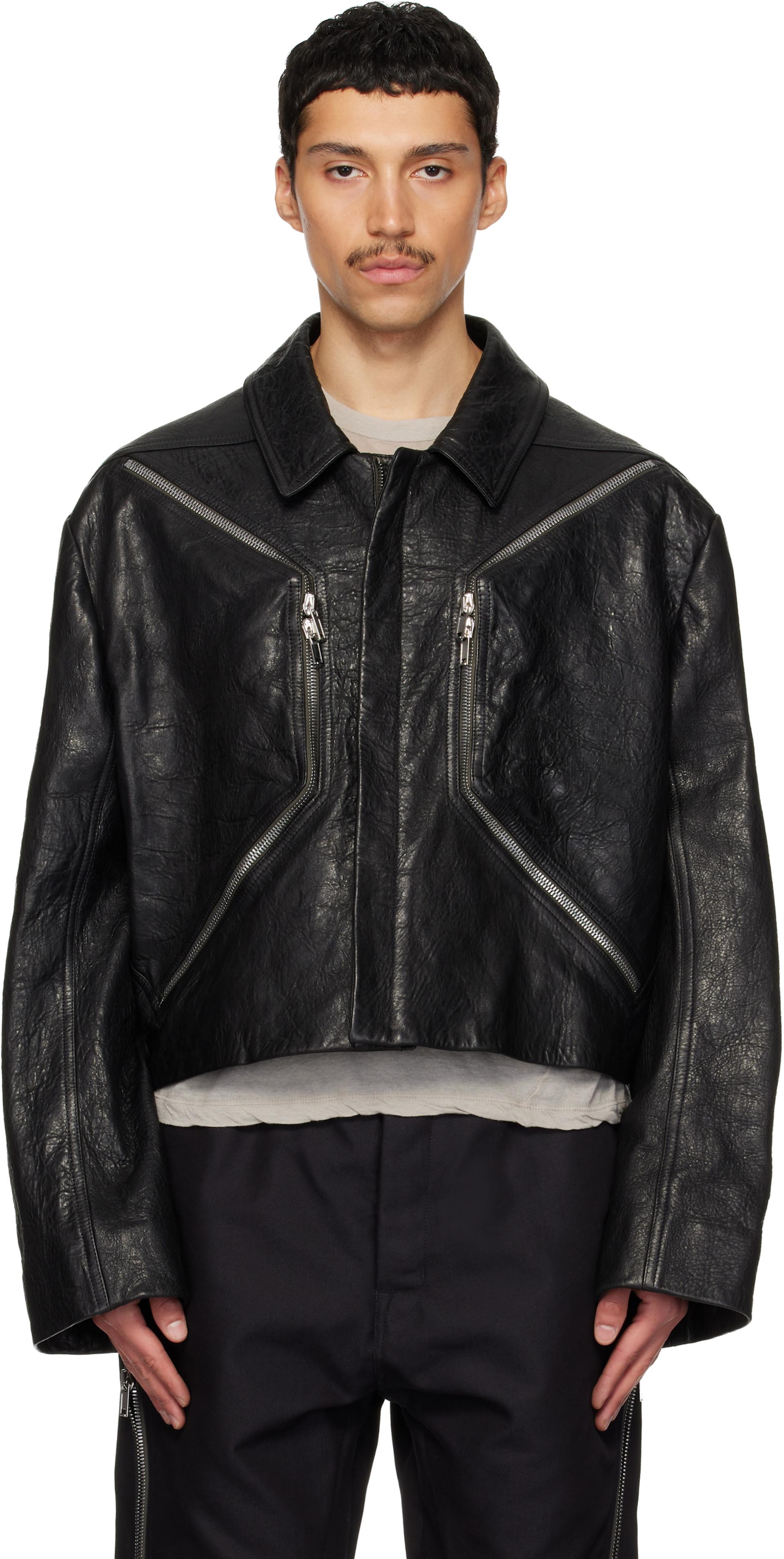 Rick Owens: Black Temple Heizer Mac Leather Jacket | SSENSE