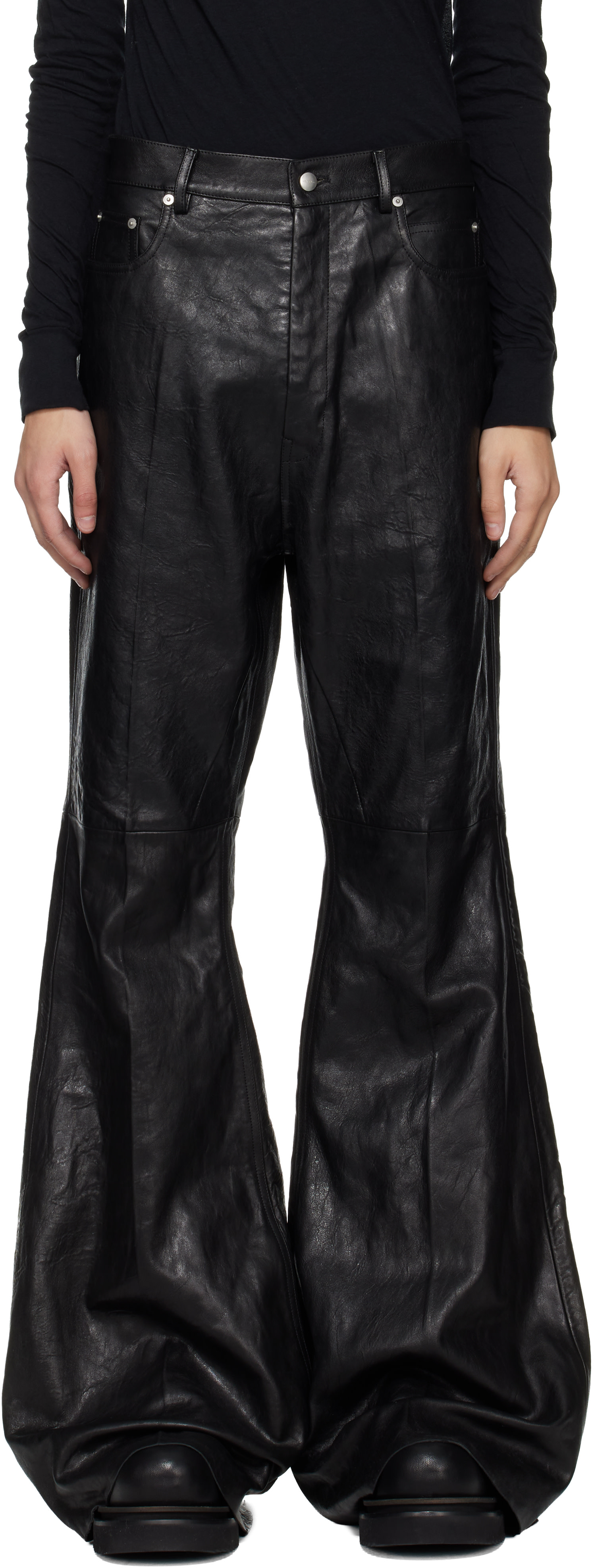 Rick Owens: ブラック Temple Bolan Bootcut レザーパンツ | SSENSE 日本