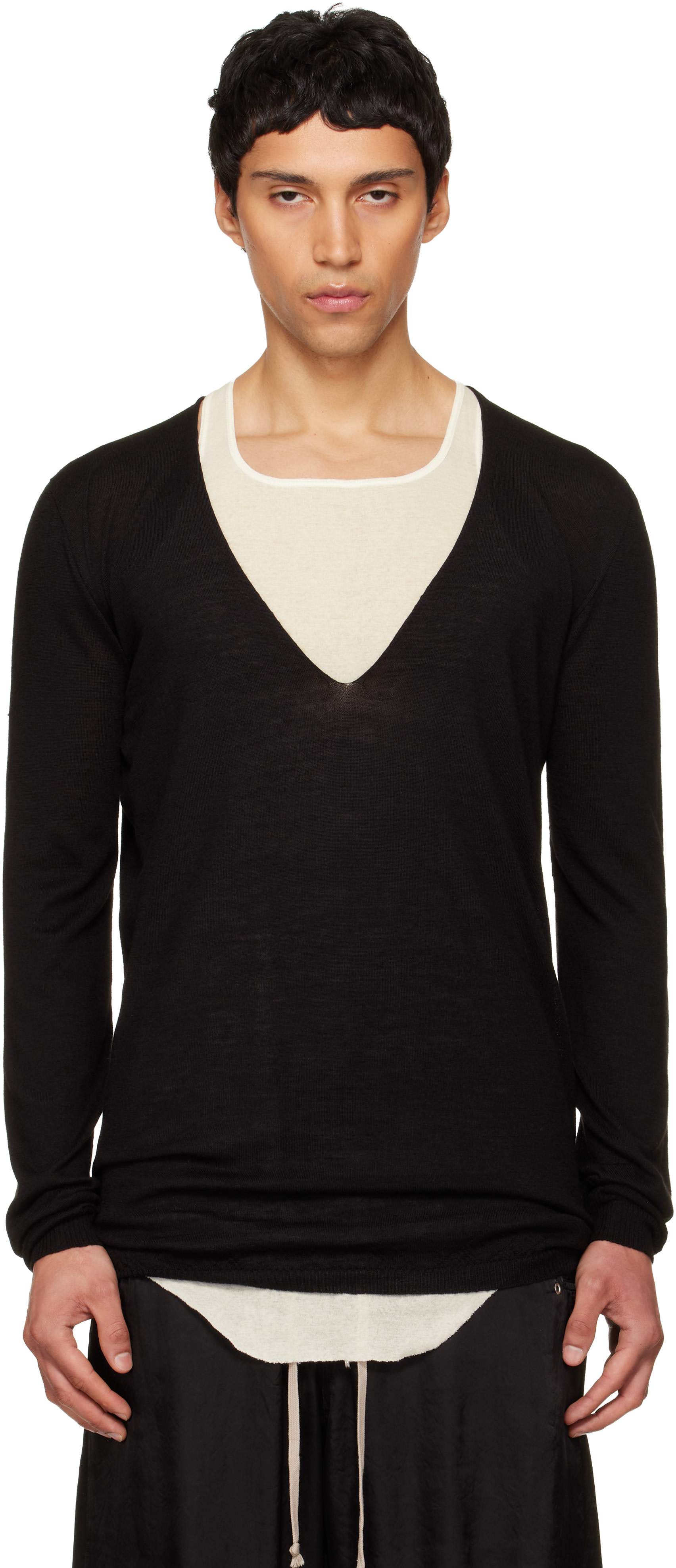 Rick Owens 22SS  V NECK KNIT XS 黒 Rick Owens: Black Temple Oversized Extreme V-Neck Sweater | SSENSE