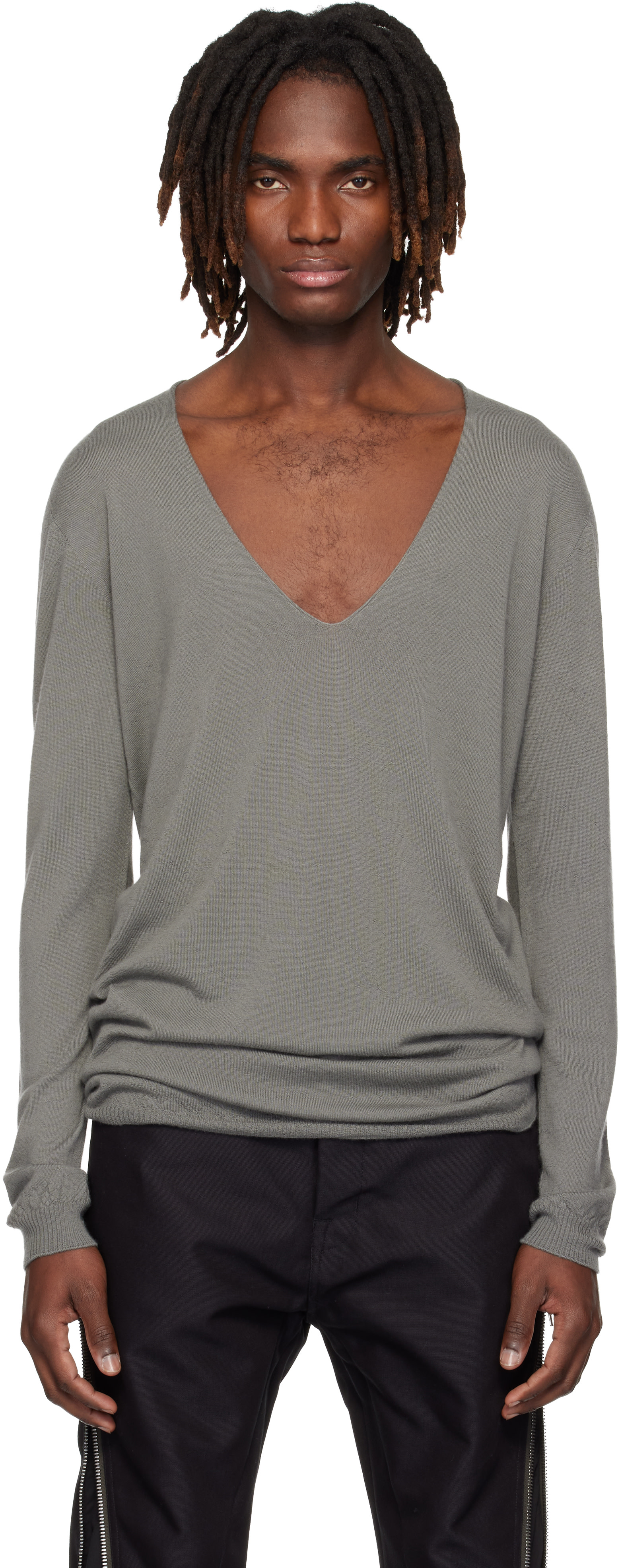 Rick owens 15ss タンクトップ v ネック グレー Rick Owens: Gray Temple Oversize Extreme V Neck Sweater | SSENSE