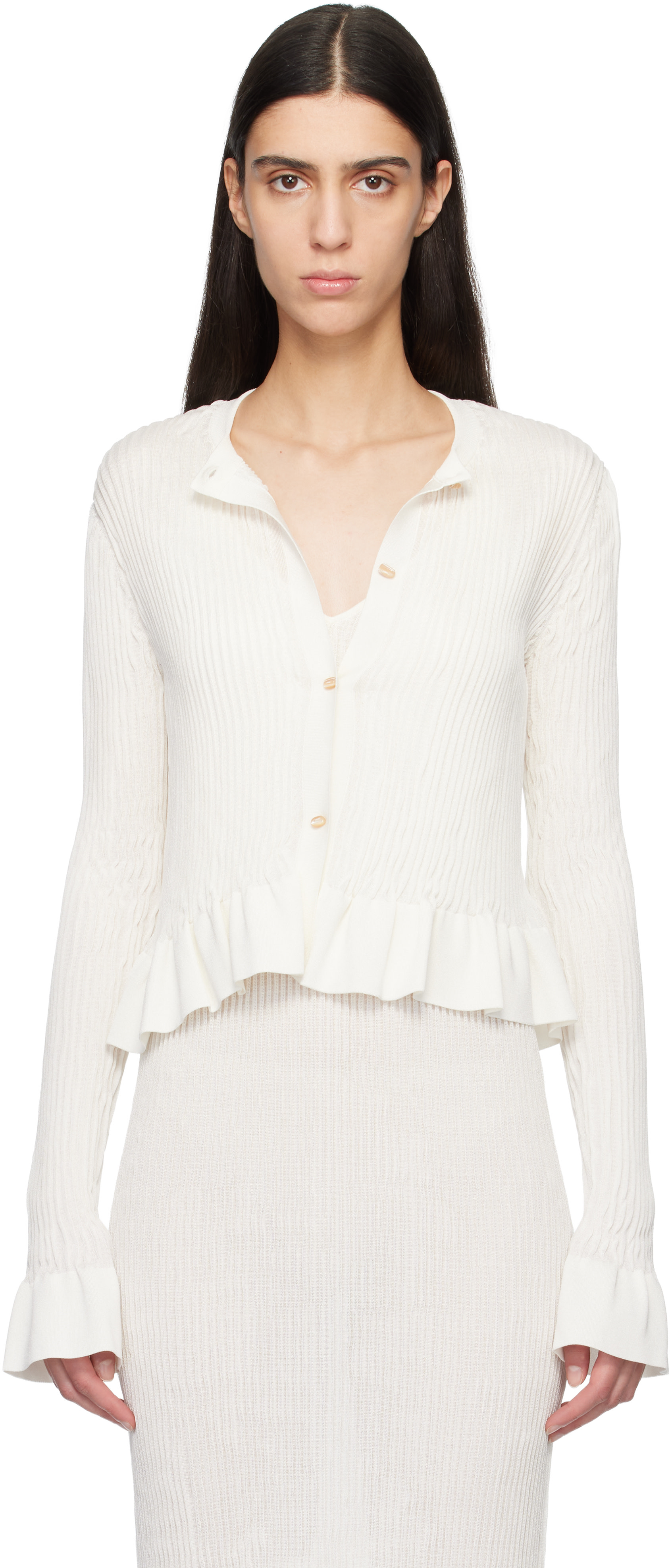 Jil Sander: Off-White Long Sleeves Frill Detail Cardigan | SSENSE