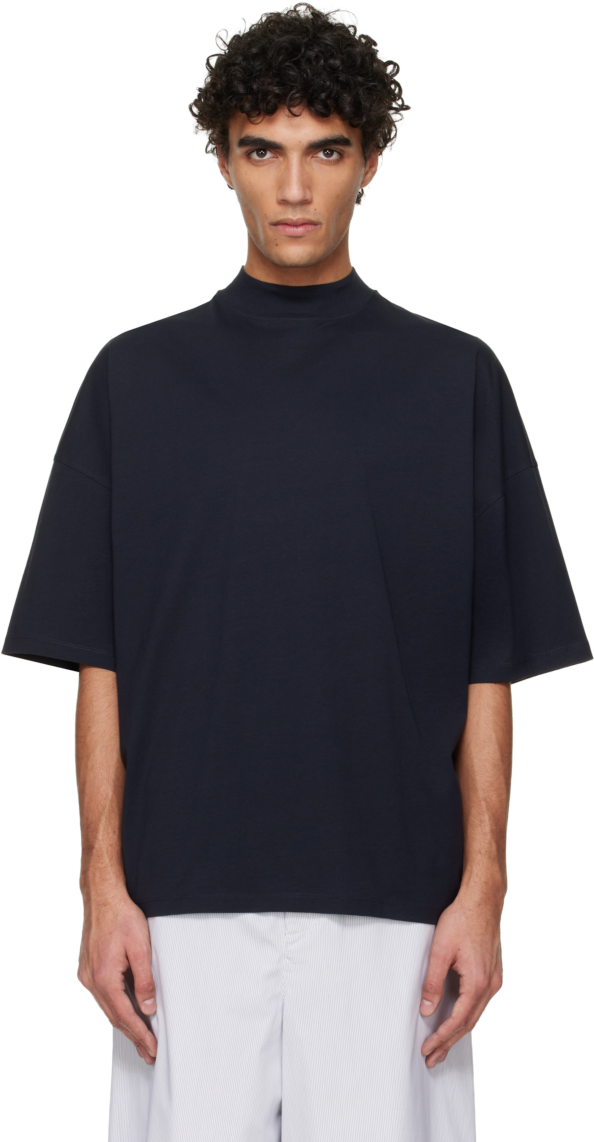 Jil Sander: ネイビー コットン モックネック Tシャツ | SSENSE 日本