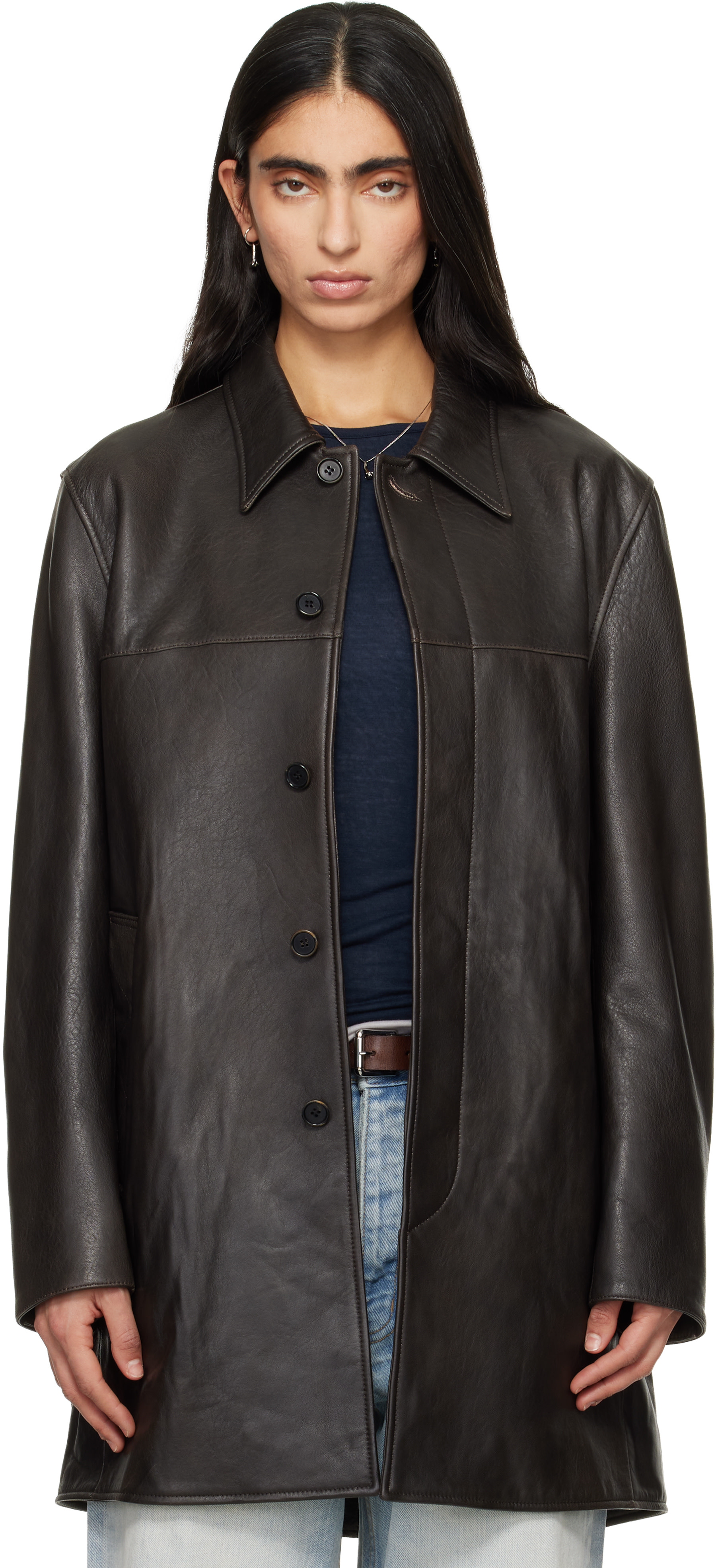 TONYWACK: Brown Aged Lamb Leather Car Coat | SSENSE