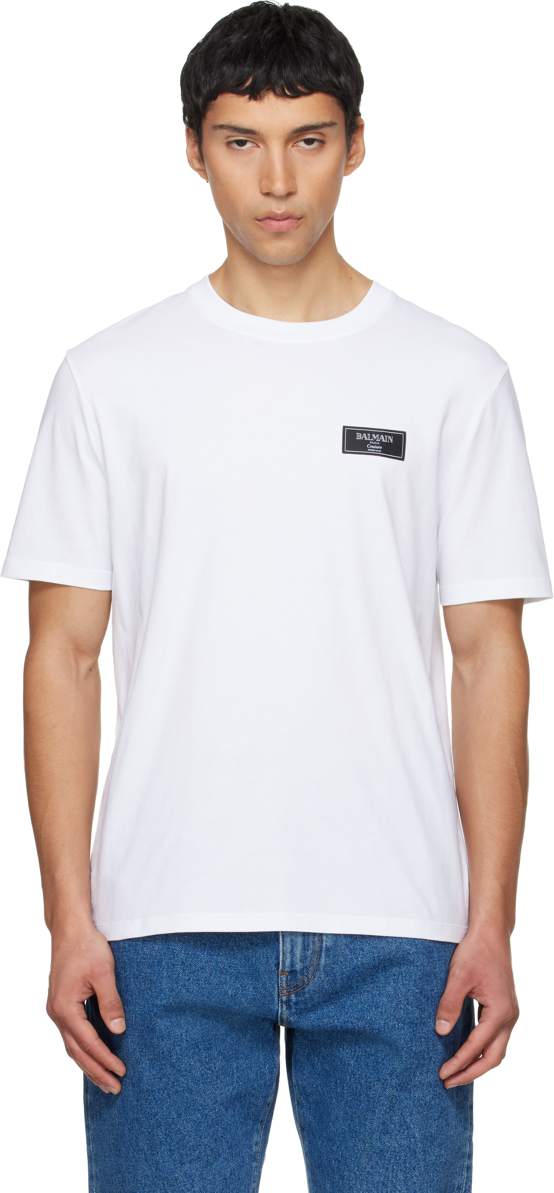 BALMAIN: White Couture Label T-shirt | SSENSE
