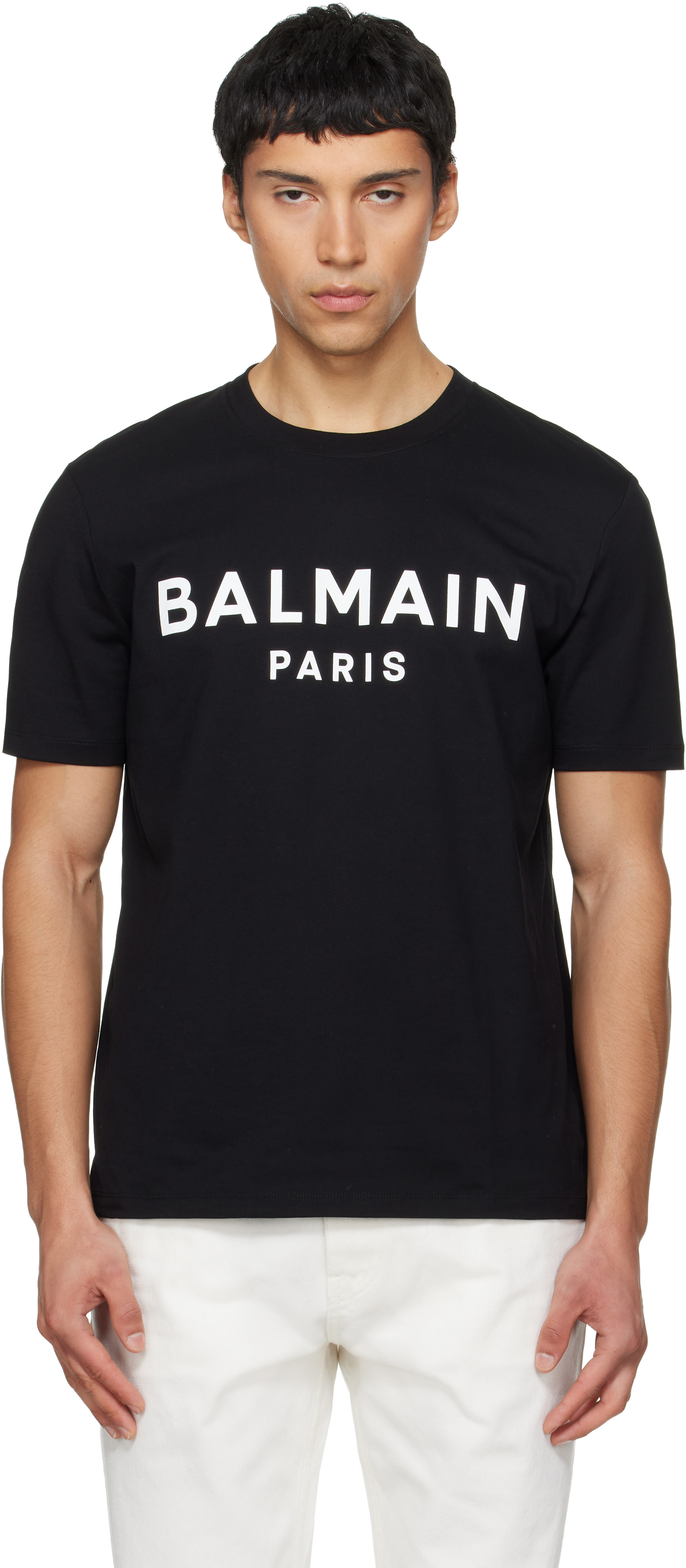 BALMAIN: Black 'Balmain Paris' Print T-shirt | SSENSE Canada