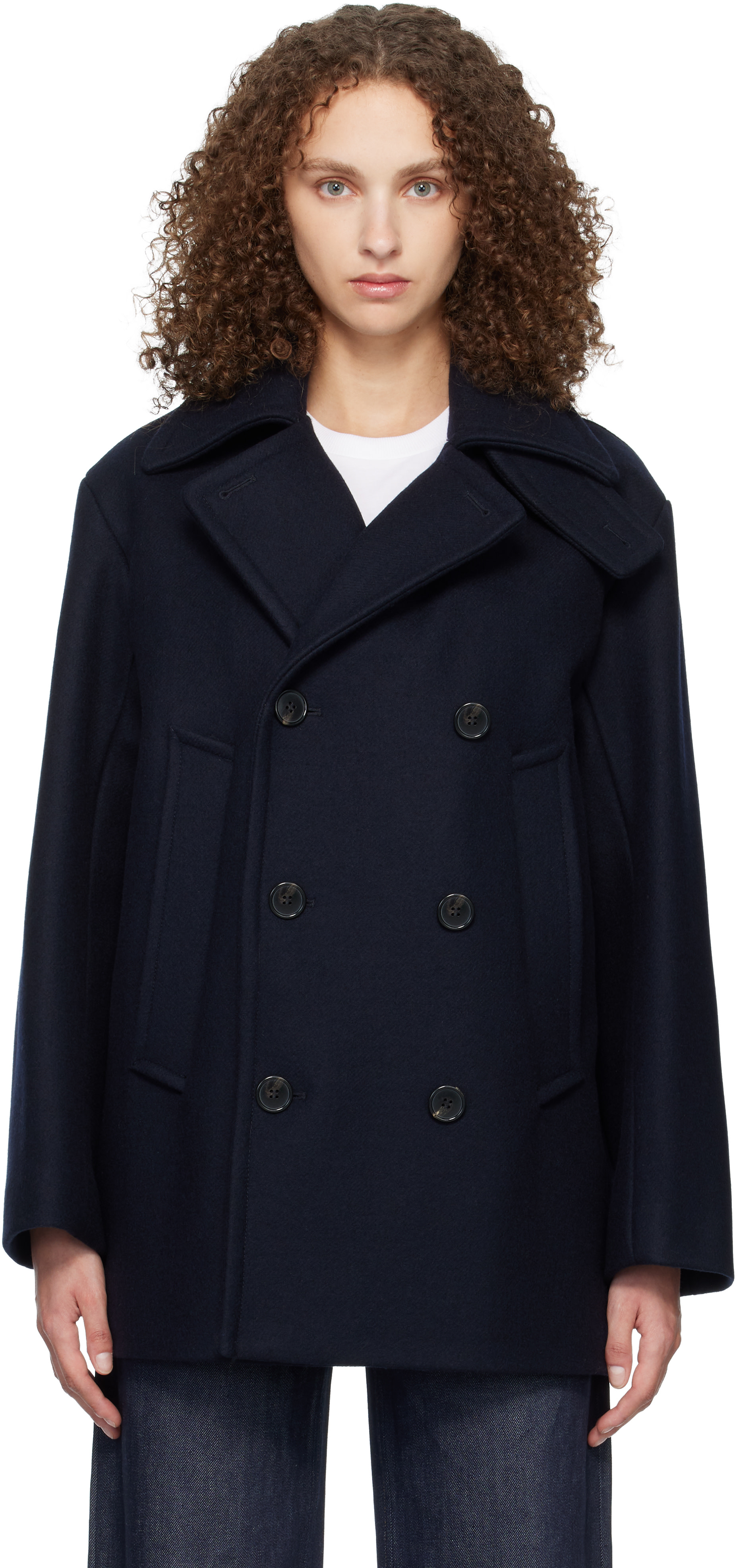A.P.C.: Navy Recycled Wool Peacoat | SSENSE