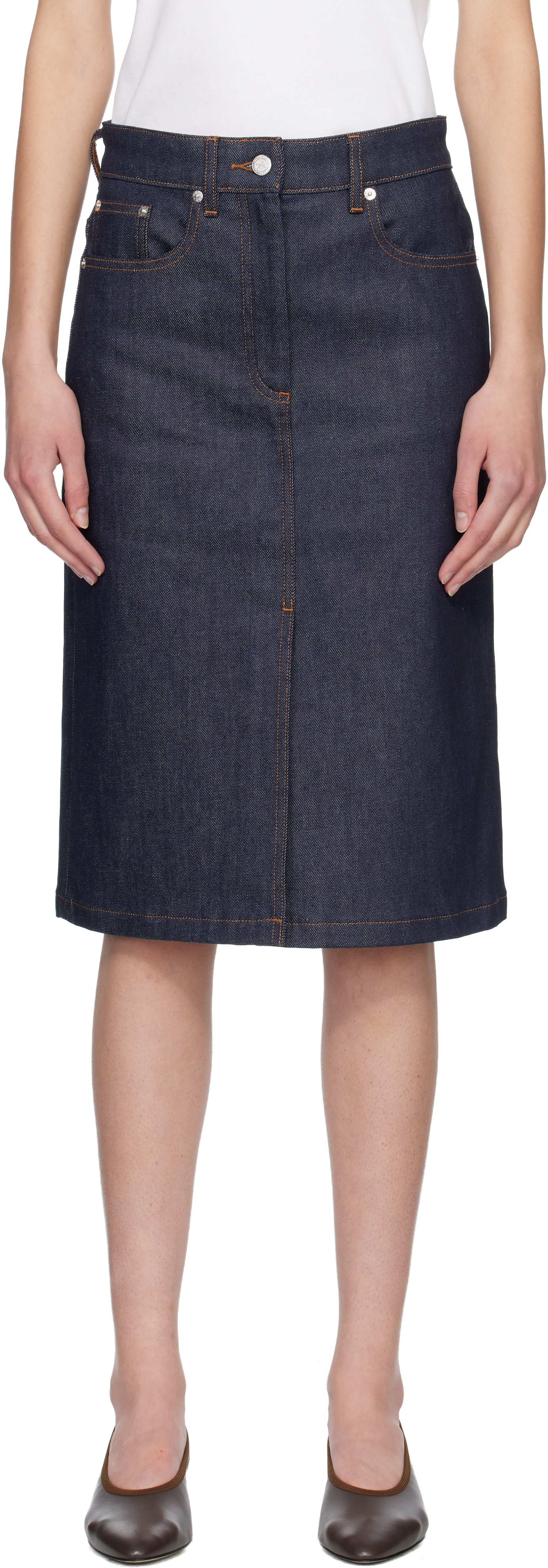 A.P.C.: Navy Lizzie Denim Midi Skirt | SSENSE