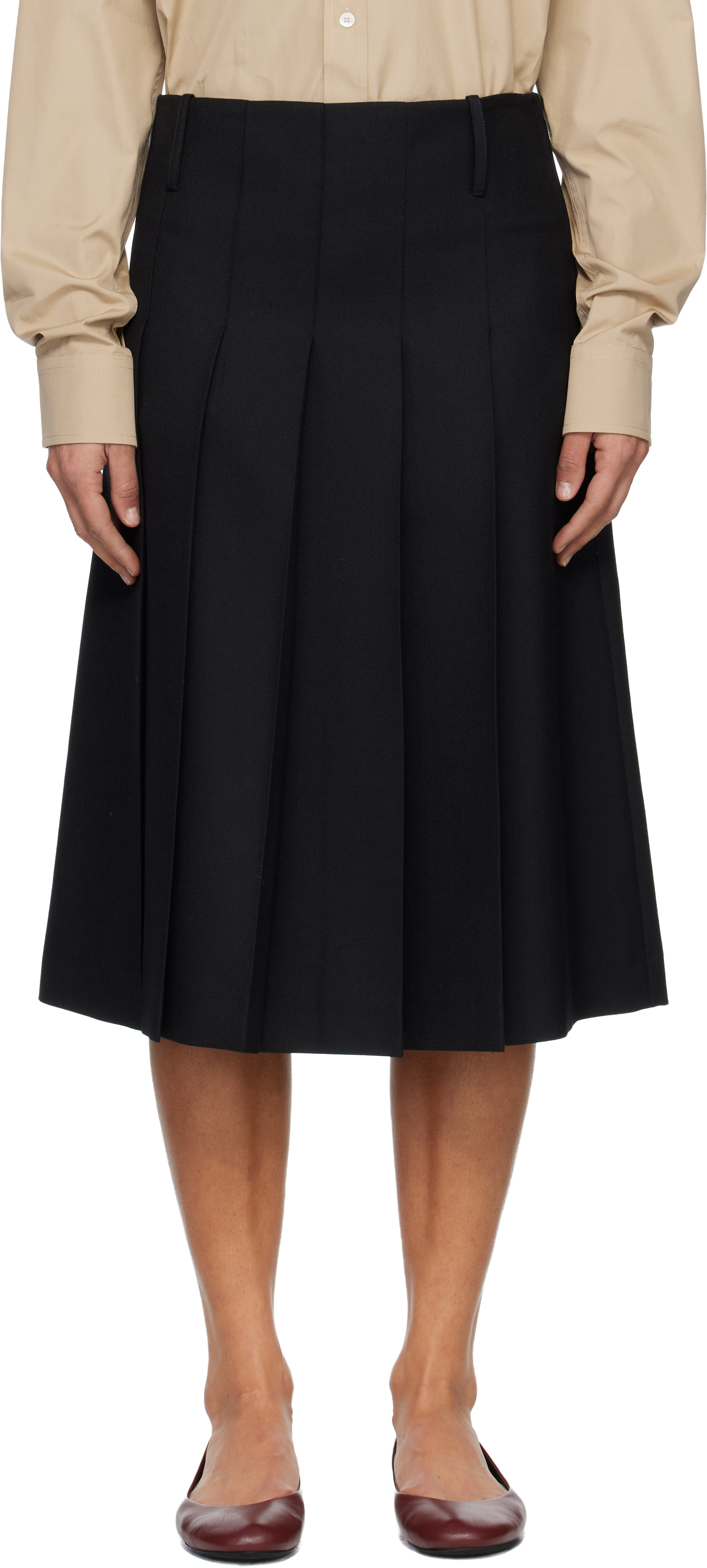 A.P.C.: Black Pleated Midi Skirt | SSENSE