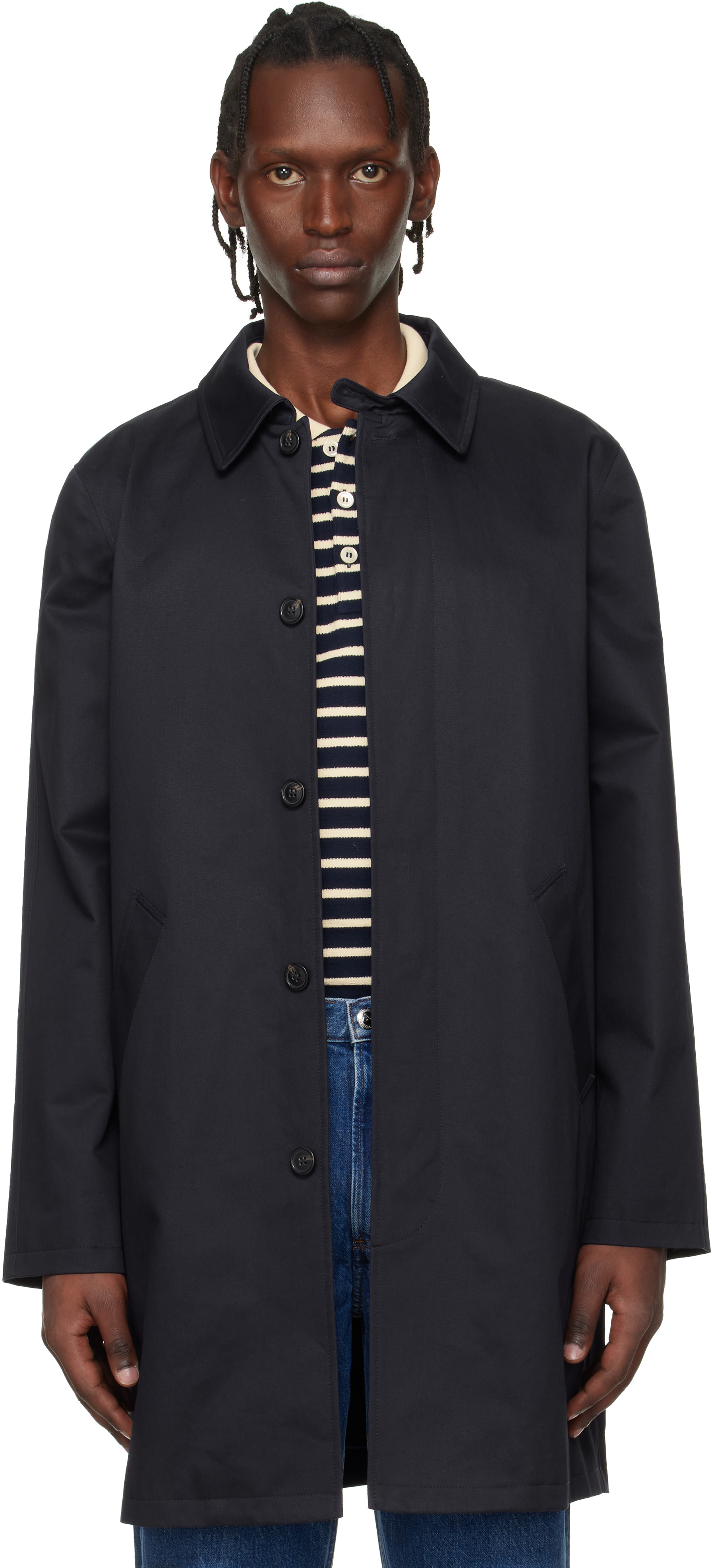 A.P.C.: Navy Urban Mac Coat | SSENSE United Kingdom