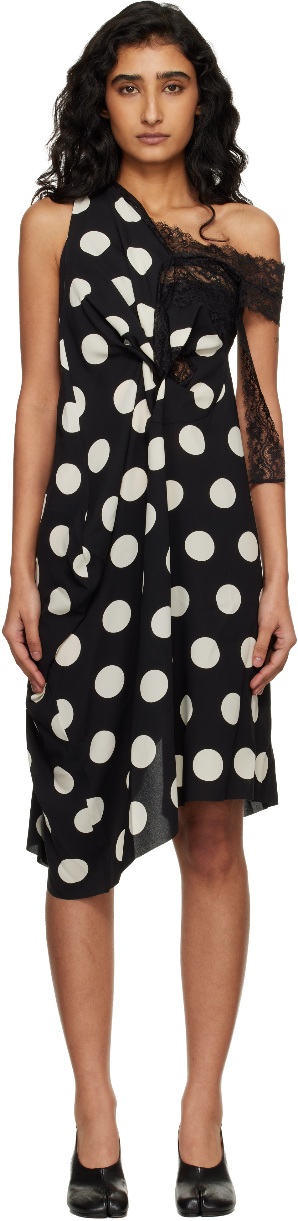 JUNYA WATANABE 水玉ワンピース JUNYA WATANABE Lace-trimmed polka-dot georgette midi dress | NET-A