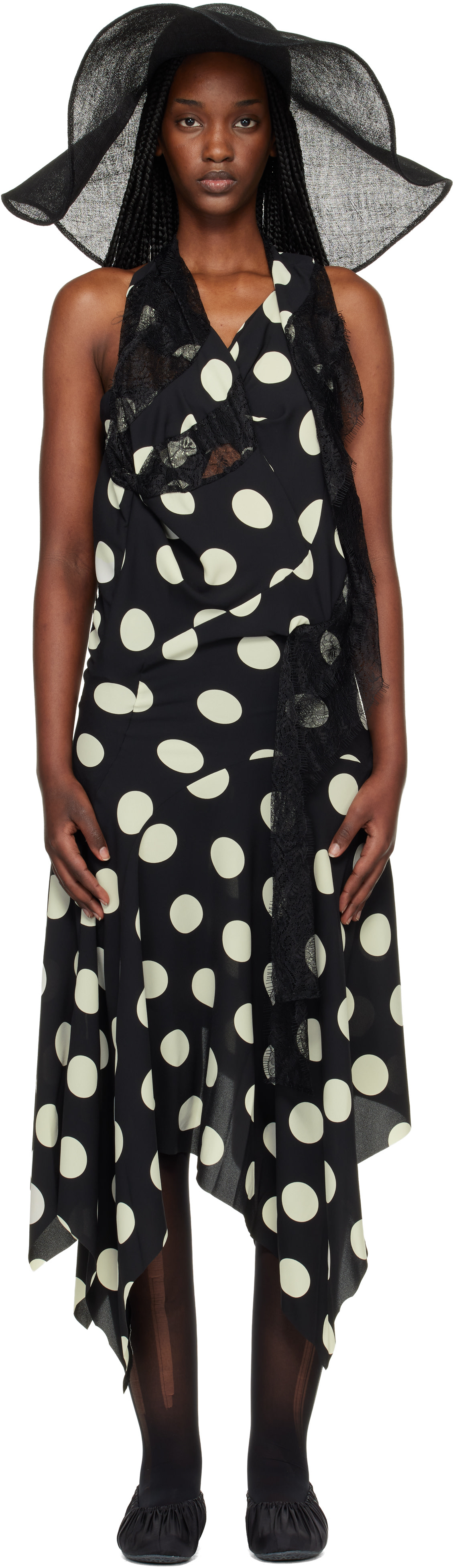 JUNYA WATANABE 水玉ワンピース JUNYA WATANABE Lace-trimmed polka-dot georgette midi dress | NET-A