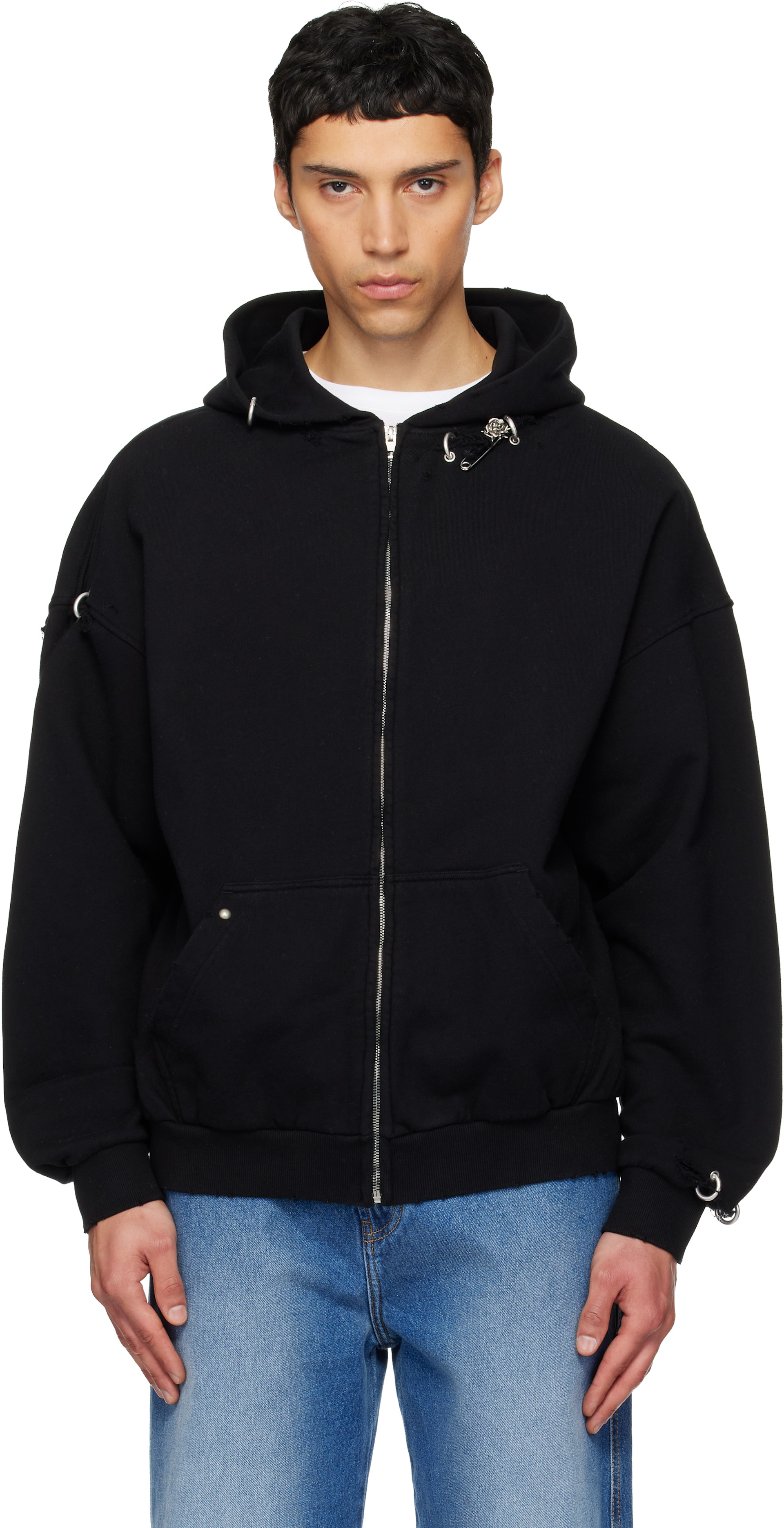 we11done  パーカー We11done: Black 'WE11DONE' Zip-Up Hoodie | SSENSE