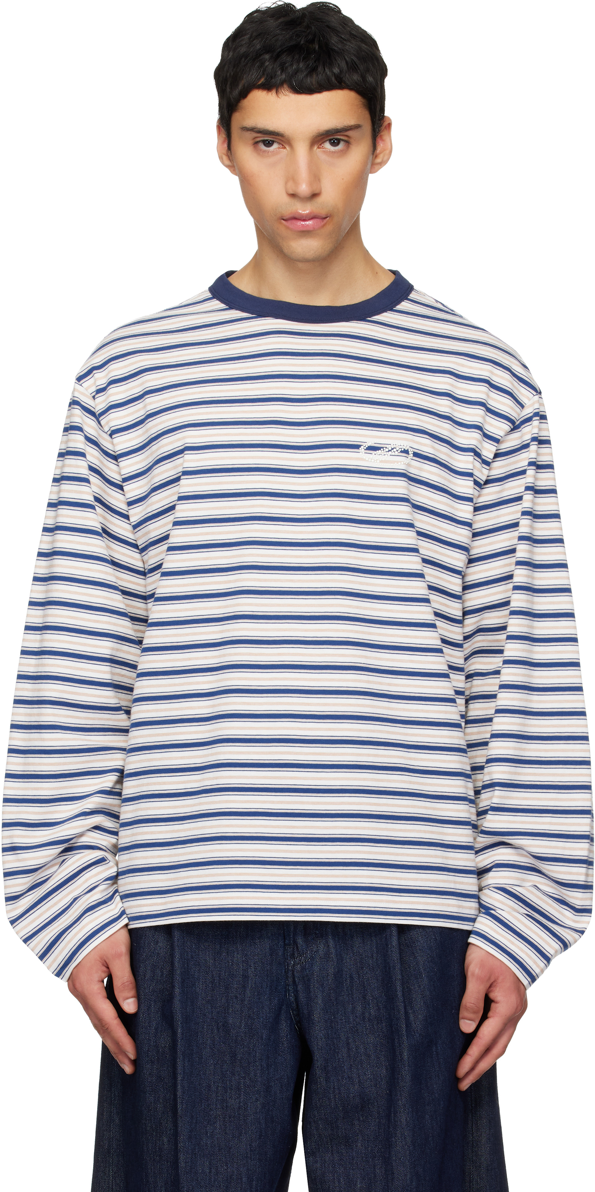 We11done: White & Blue We11done Stripe Long-Sleeve T-shirt | SSENSE