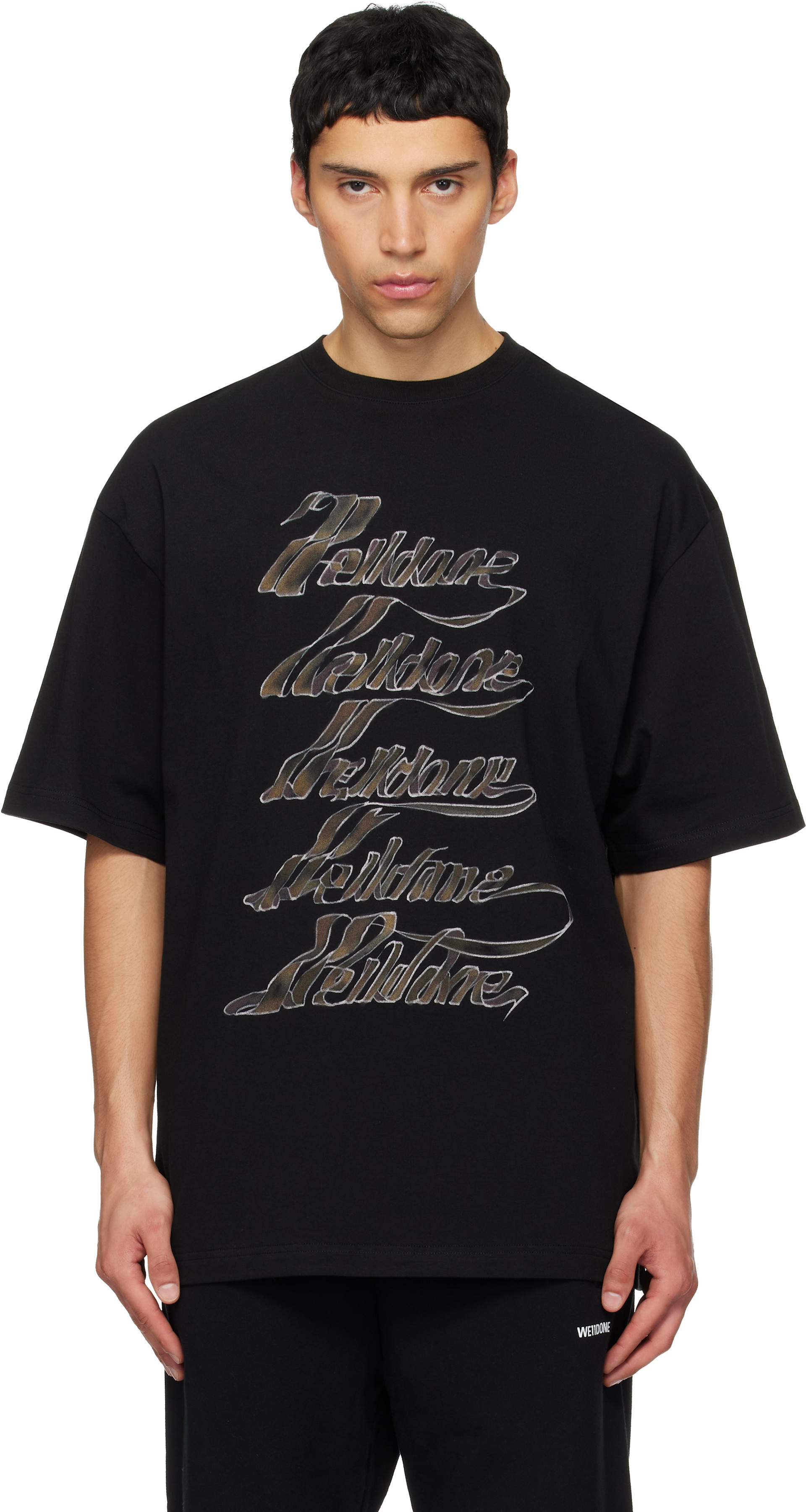 We11done: Black 'WE11DONE' Multi Logo T-shirt | SSENSE