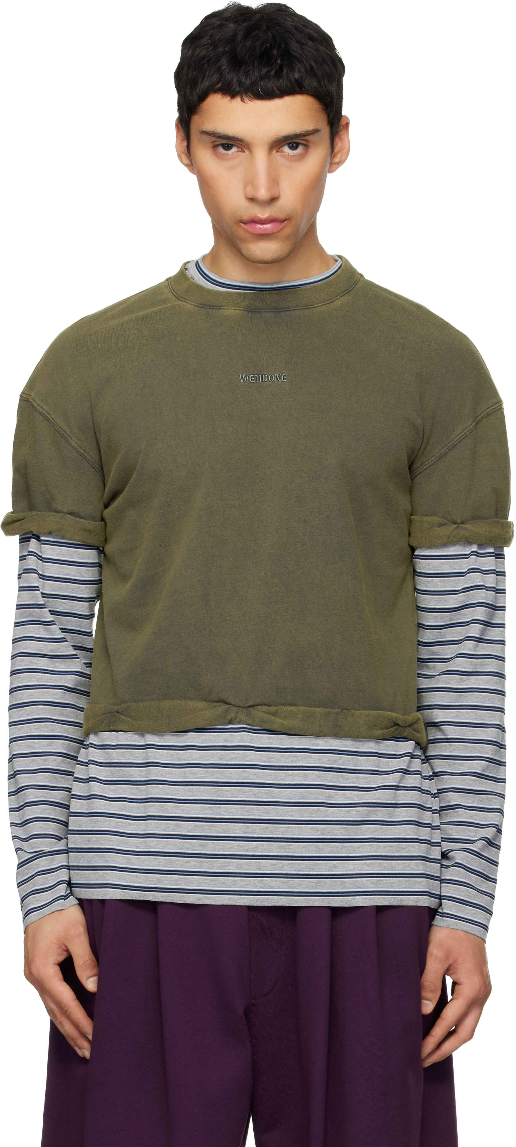 We11done: Green & Gray Layered Stripe Long-Sleeve T-shirt | SSENSE