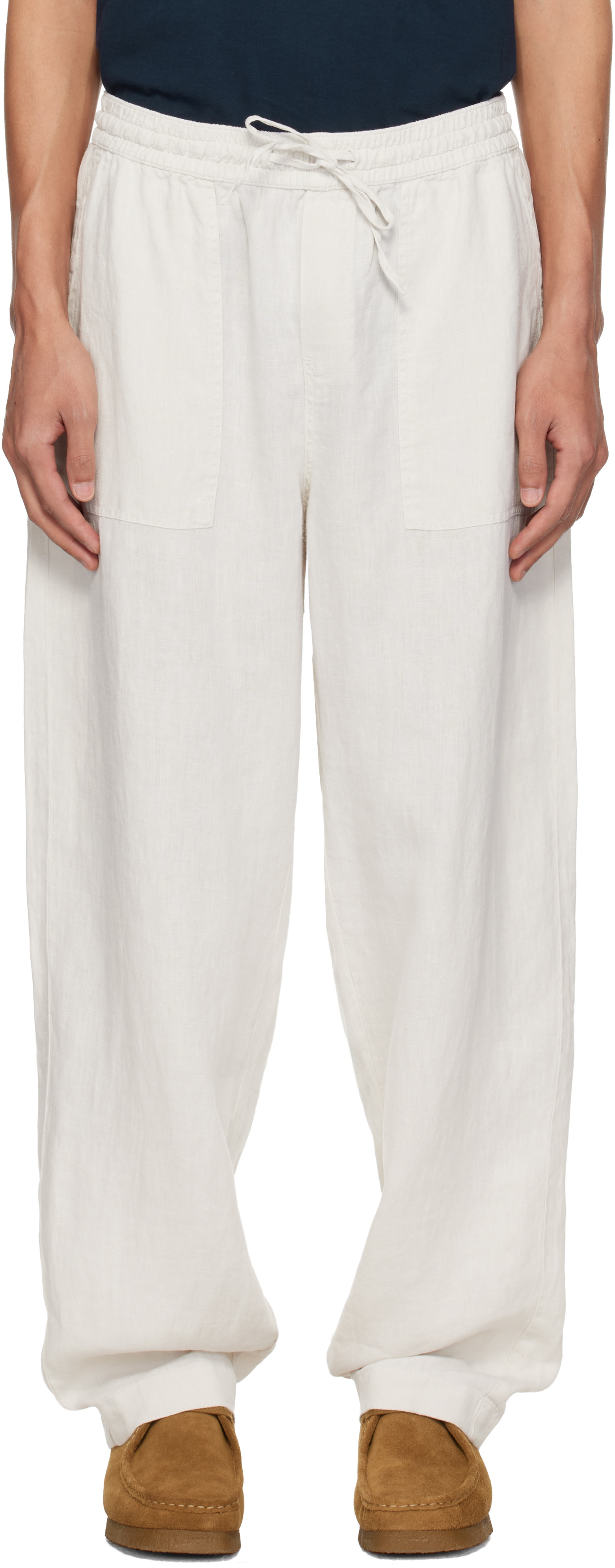 ♠LïNENです Merz b. Schwanen: Off-White Drawstring Worker's Linen Trousers