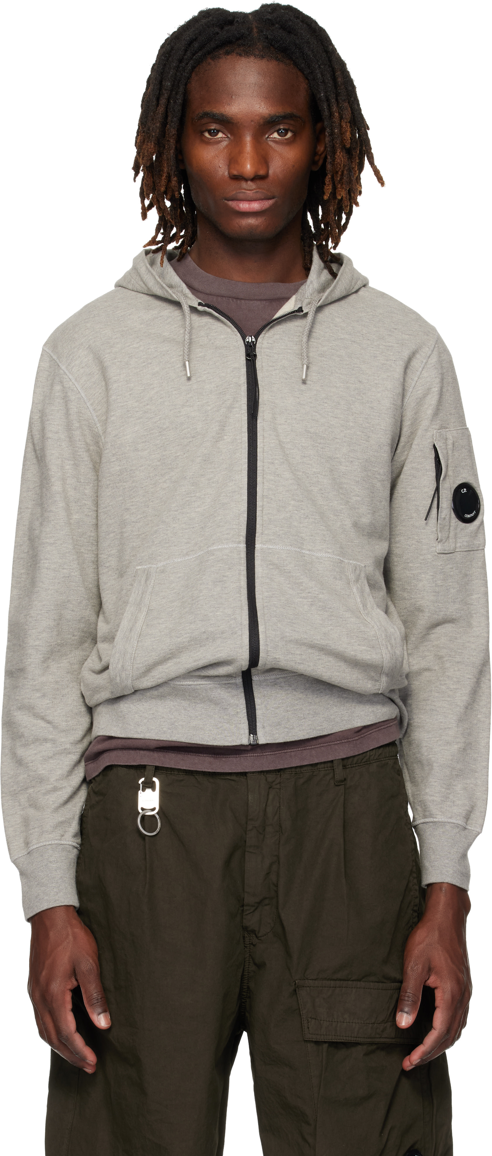C.P. Company: Gray Light Fleece Zip Lens Hoodie | SSENSE