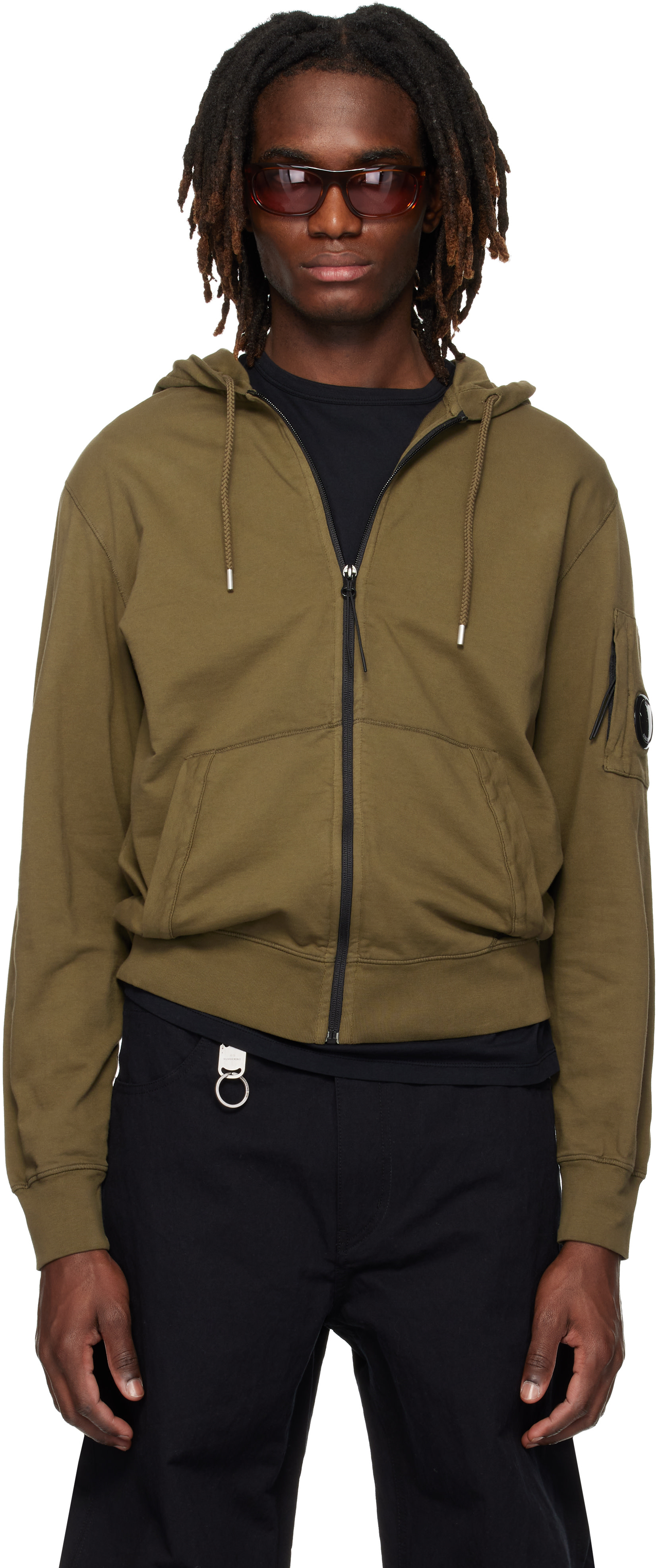 C.P. Company: Khaki Light Fleece Zip Lens Hoodie | SSENSE
