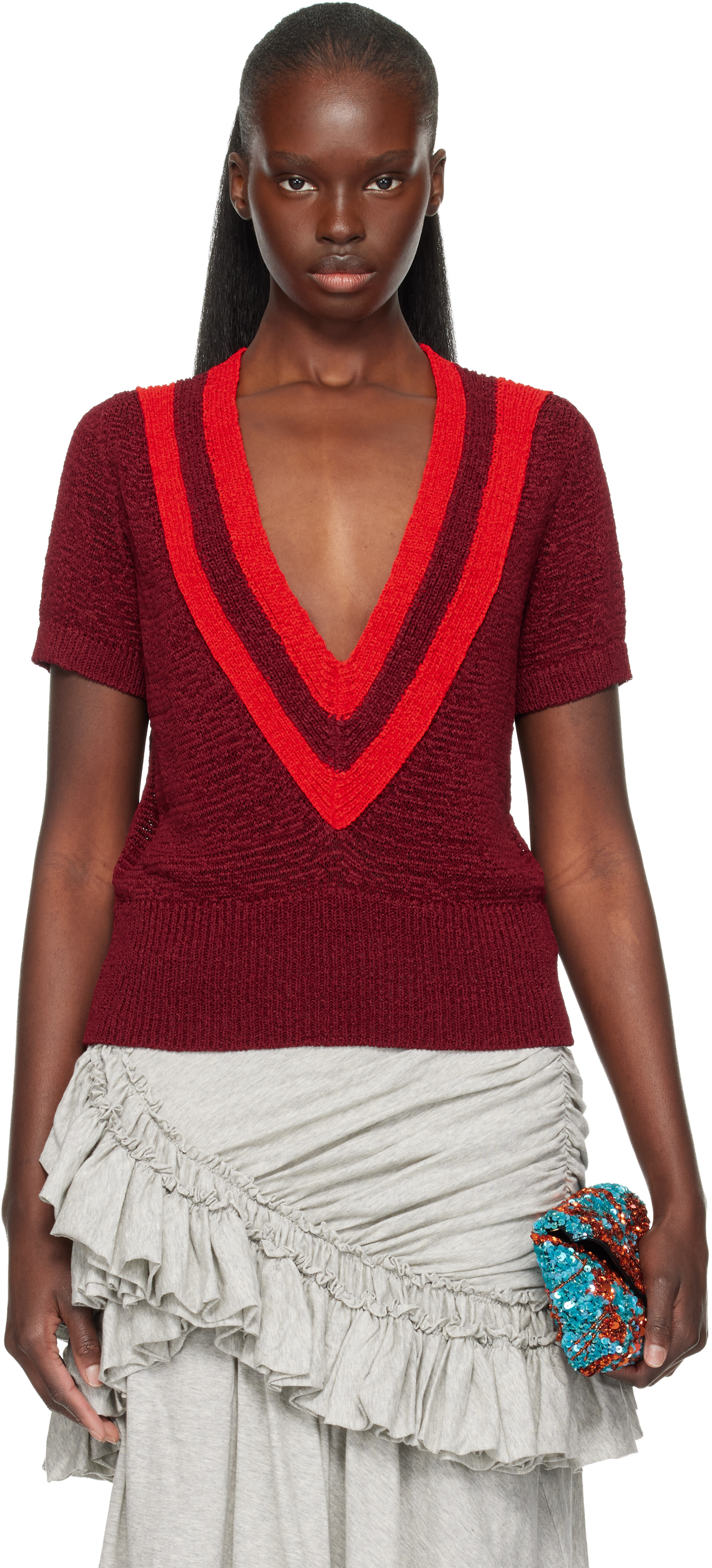 ニット/セーター DRIES VAN NOTEN LOW GAUGE V NECK SWEATER Size-M 3351-6016 Dries Van Noten: Burgundy V-Neck Knit Sweater | SSENSE
