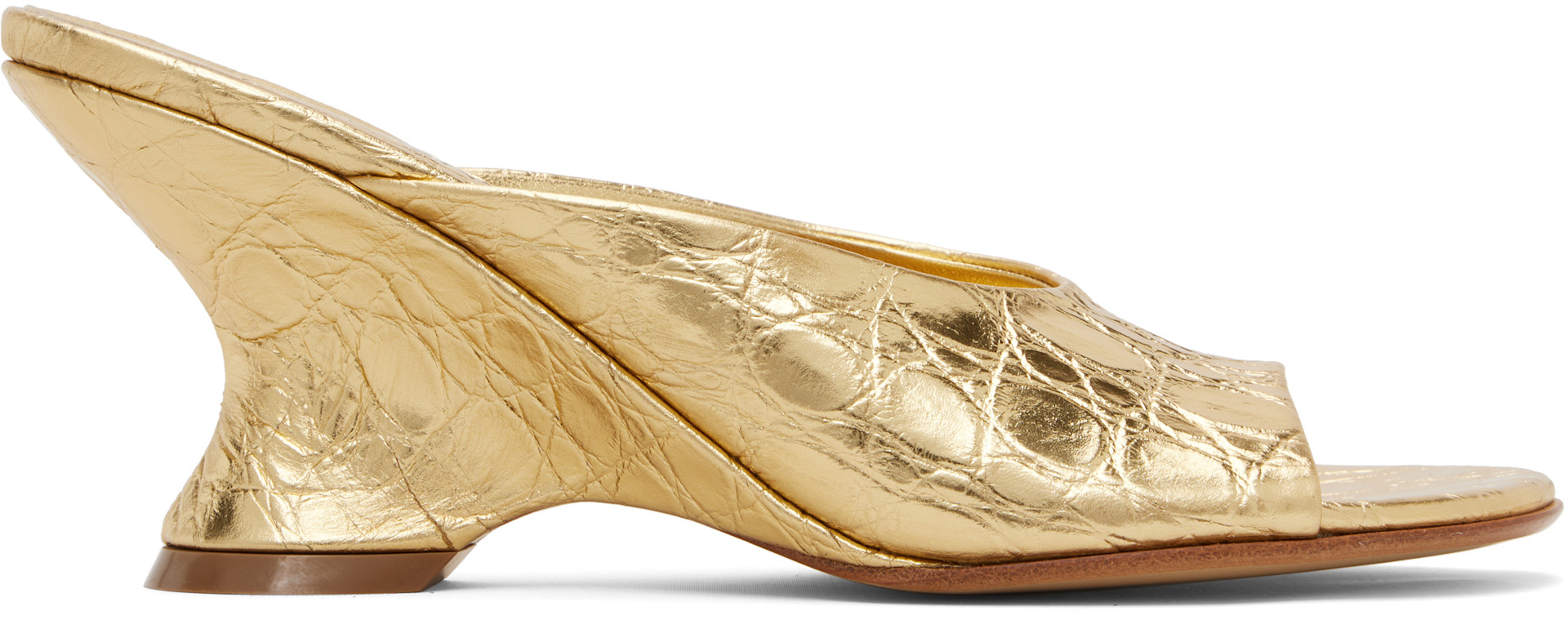 Dries Van Noten: Gold Open-Toe Leather Mule Heeled Sandals | SSENSE